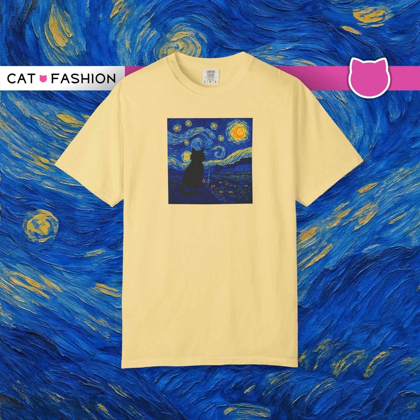 T-Shirt: The Starry Night with Cat - Van Gogh Parody Art Tee - Whimsical Unisex Shirt for Cat Lovers and Art Fans