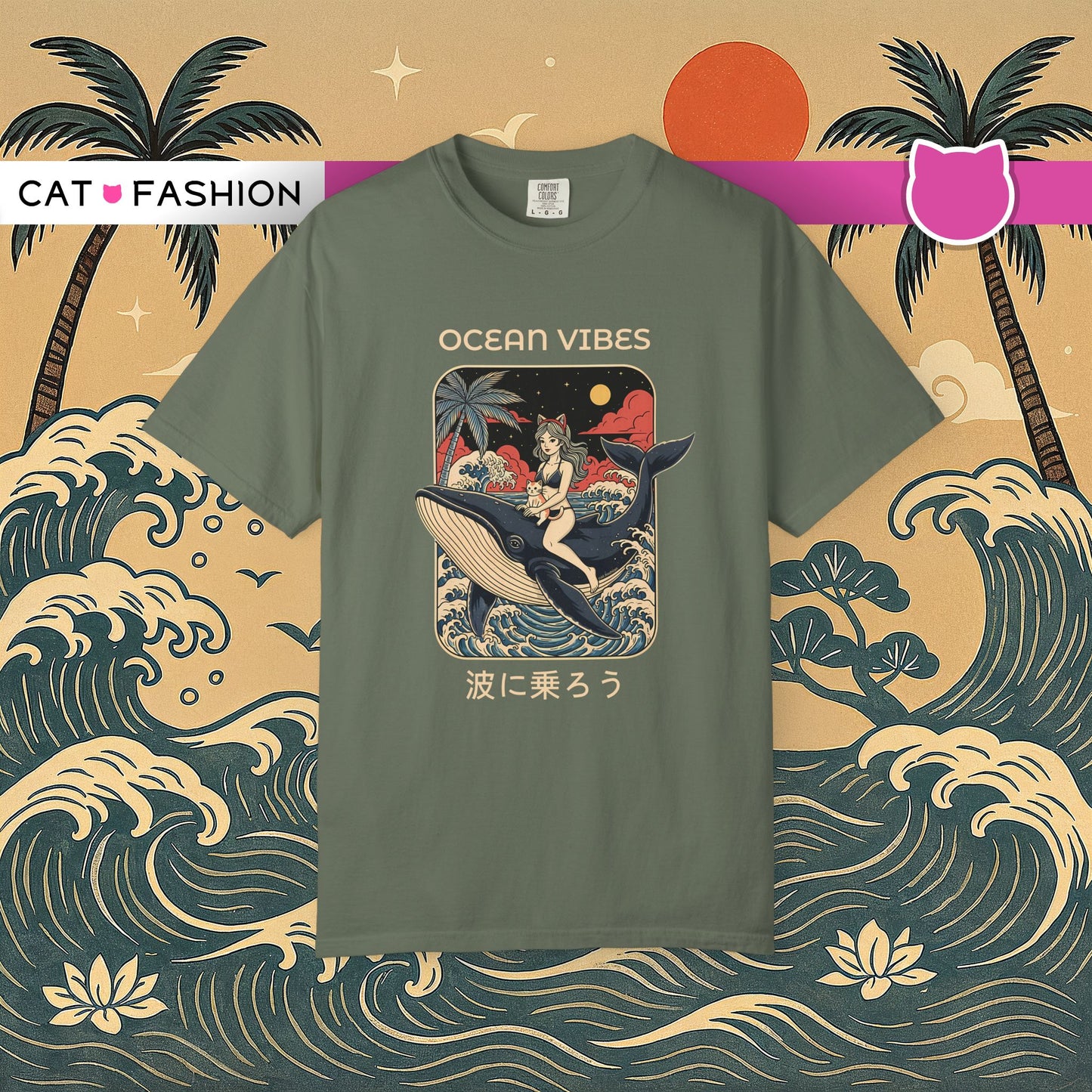 T-Shirt: Ocean Vibes – Anime Whale Rider Tee – Retro Japanese Style Shirt – Cat Girl Graphic Unisex Top for Surfers & Dreamers