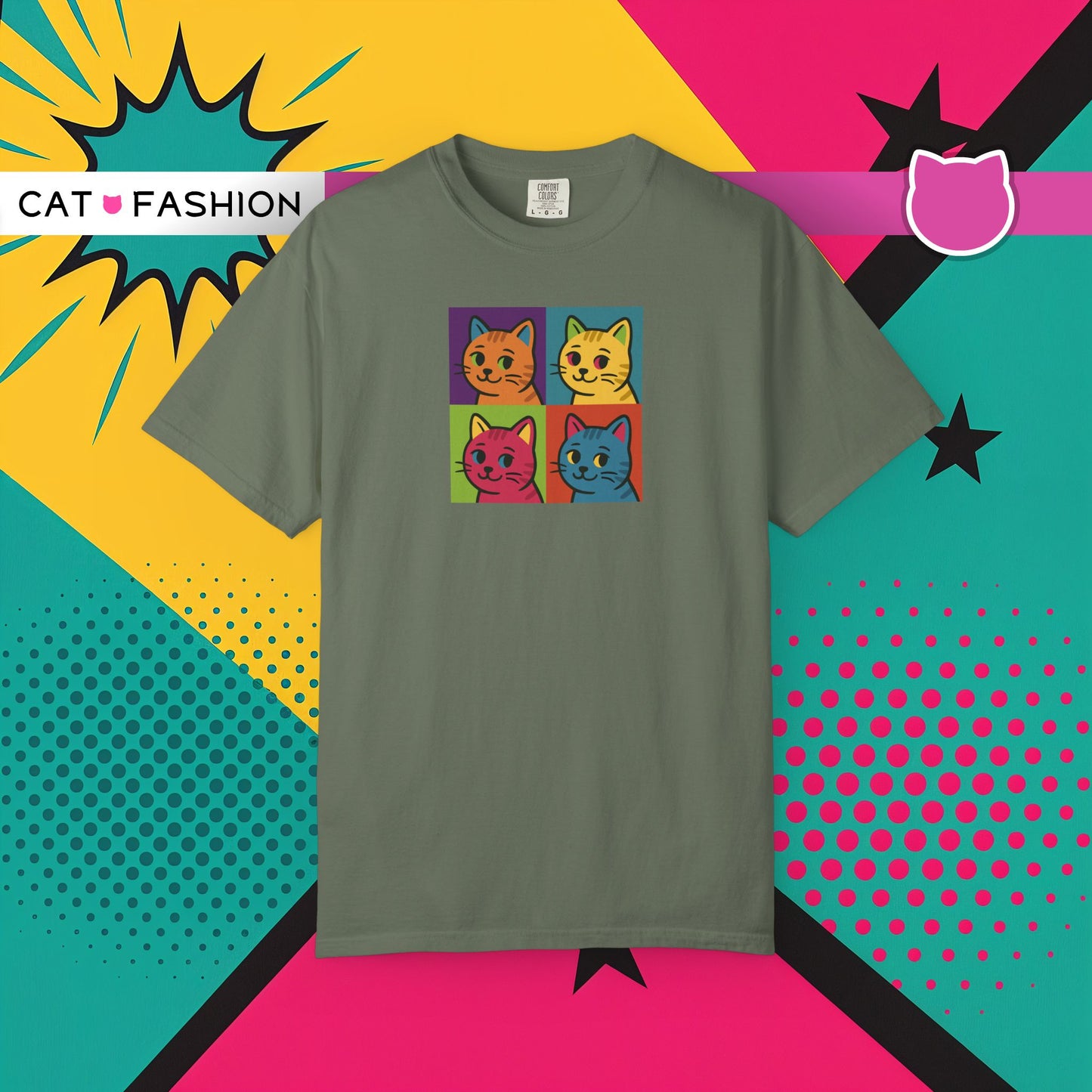 T-Shirt: Pop Art Cats - Colorful Retro Style Kitty Faces Graphic Tee - Funny Unisex Shirt for Cat Lovers and Art Fans