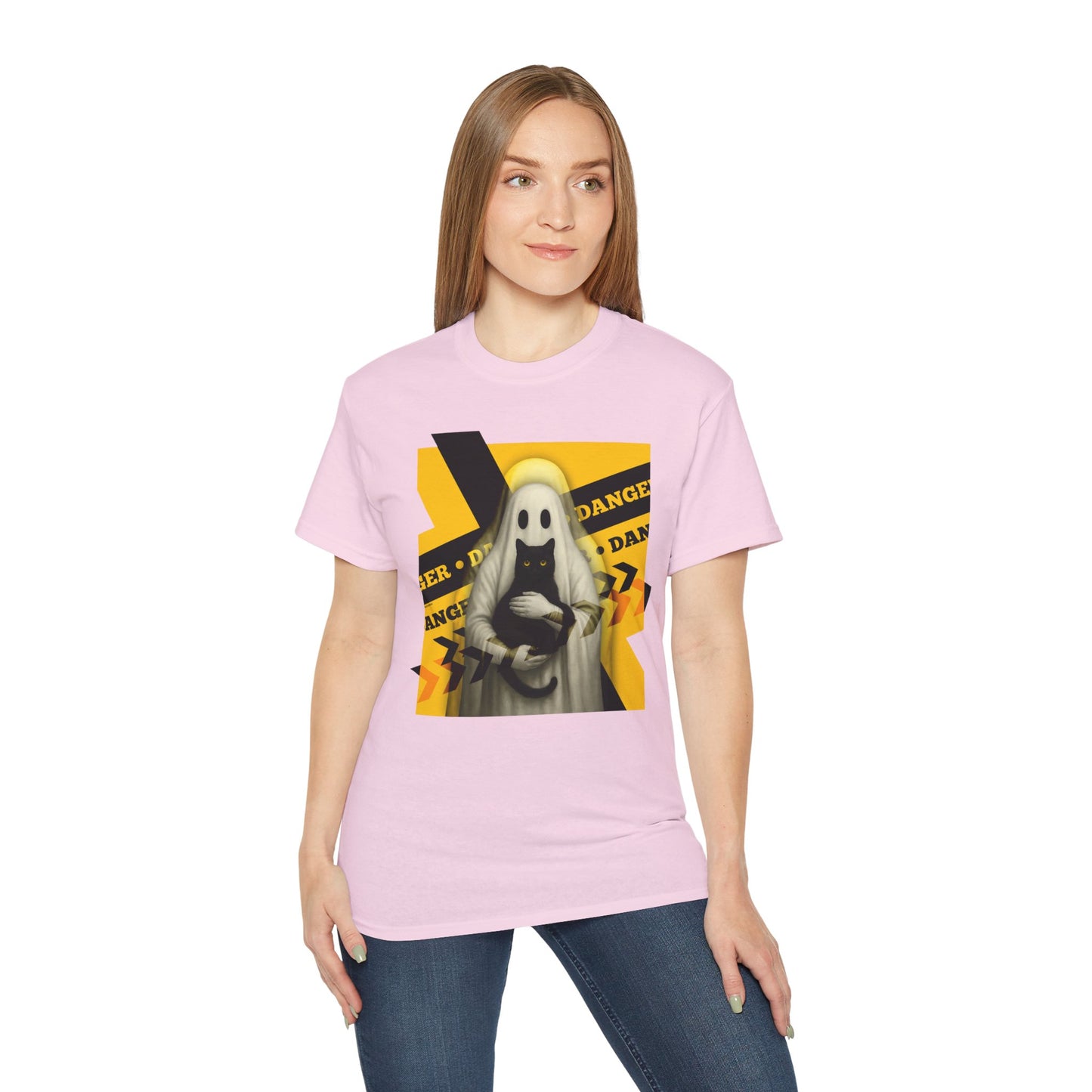T-Shirt: Danger Cat and Ghost – Spooky Halloween Graphic Tee – Funny Unisex Shirt for Horror Fans