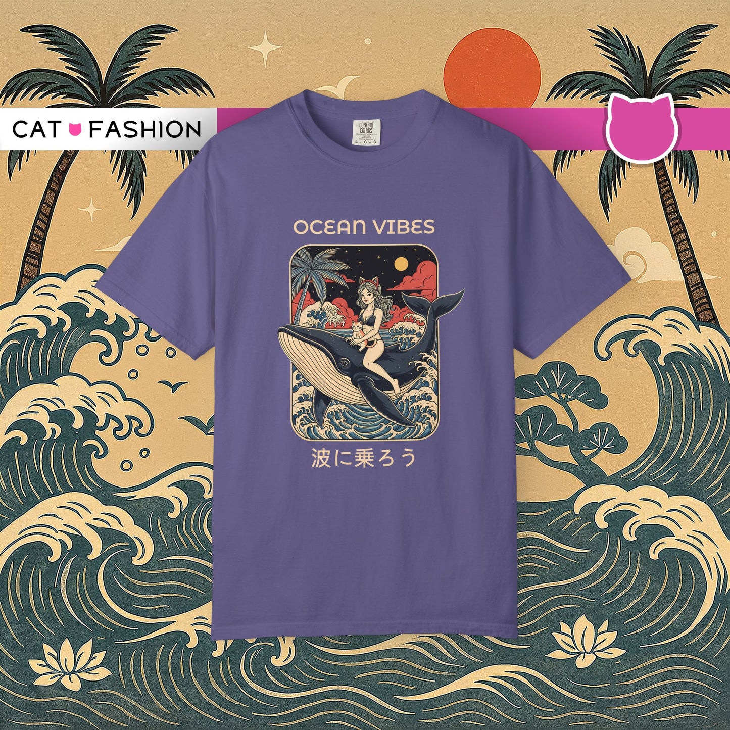 T-Shirt: Ocean Vibes – Anime Whale Rider Tee – Retro Japanese Style Shirt – Cat Girl Graphic Unisex Top for Surfers & Dreamers