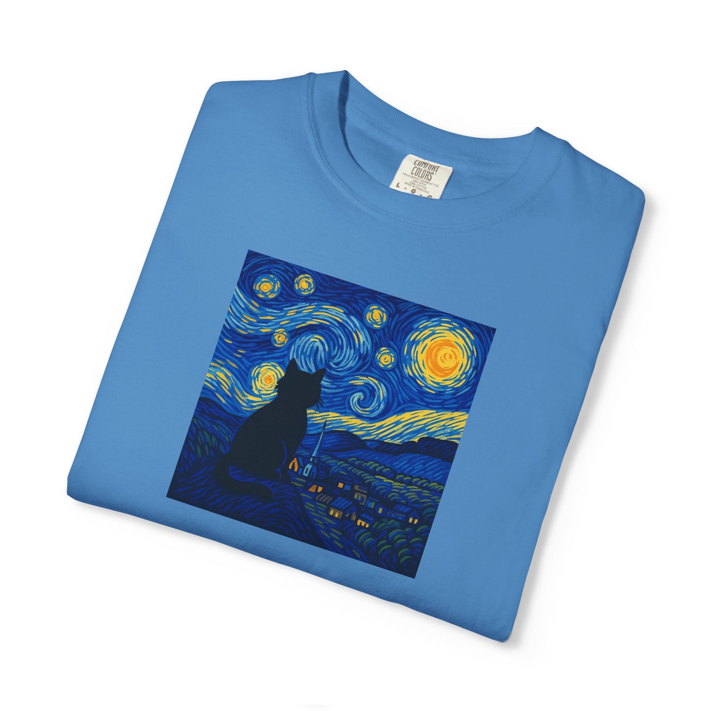 T-Shirt: The Starry Night with Cat - Van Gogh Parody Art Tee - Whimsical Unisex Shirt for Cat Lovers and Art Fans