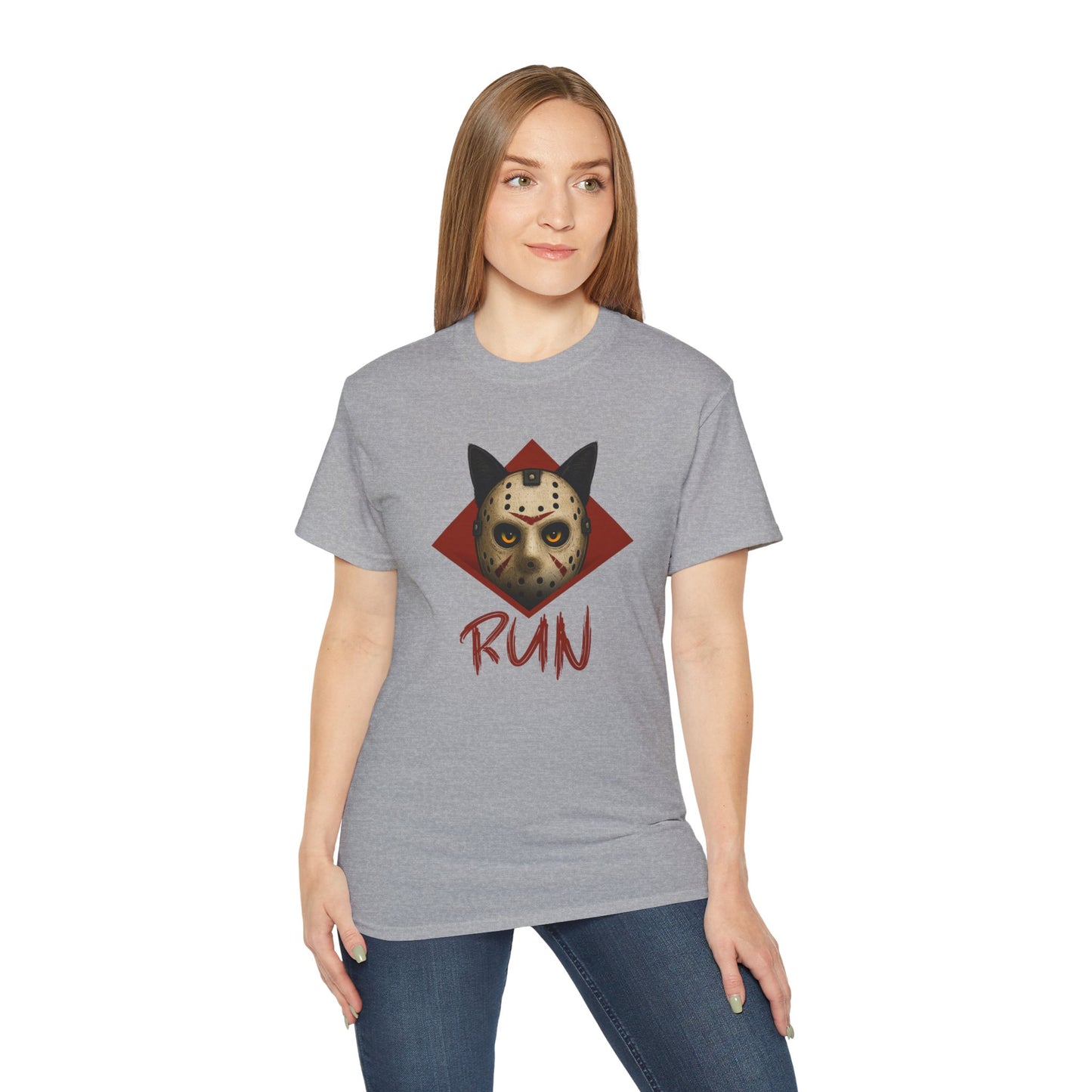 T-Shirt: RUN – Creepy Cat Horror Mask Graphic Tee – Halloween Scary Unisex Shirt for Spooky Season
