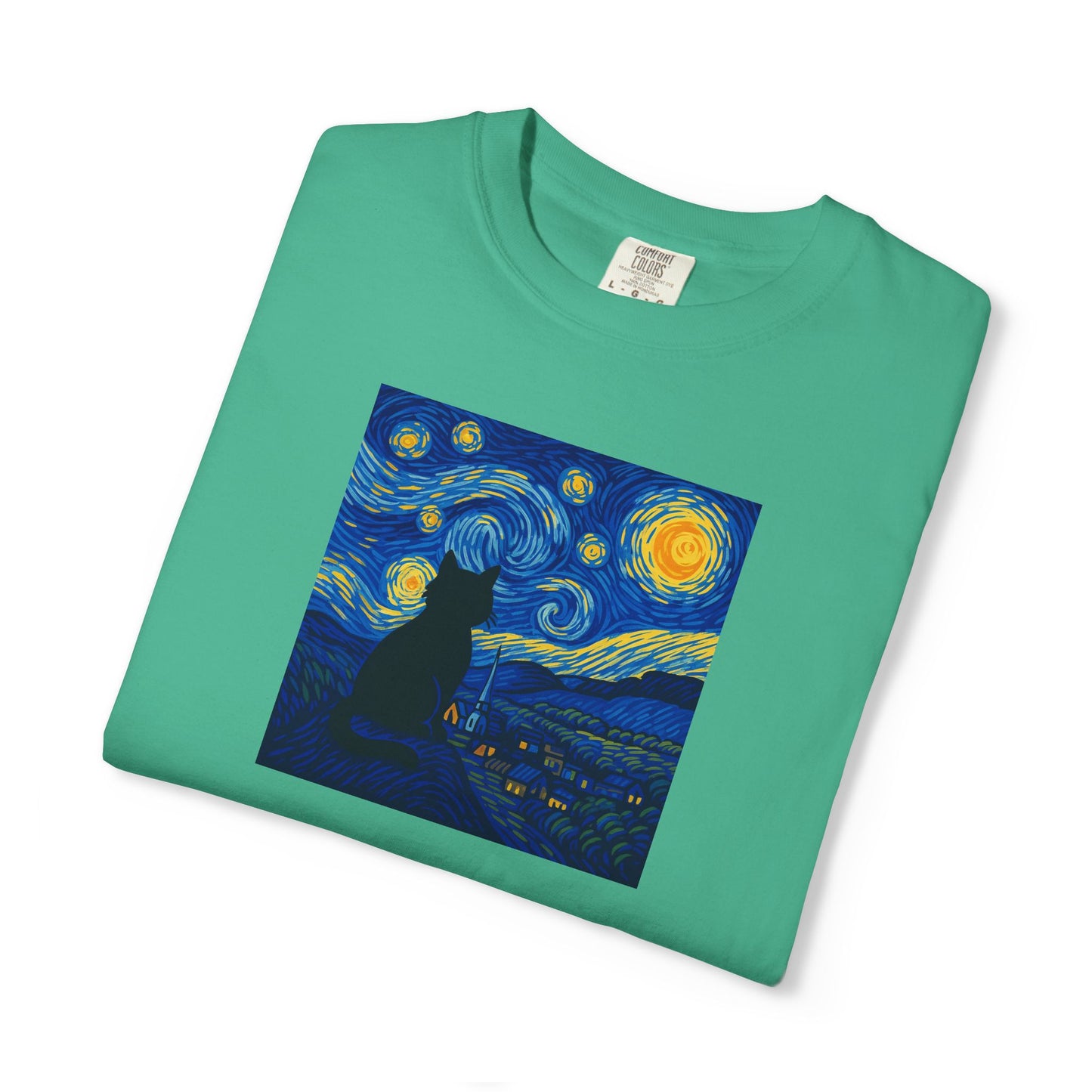 T-Shirt: The Starry Night with Cat - Van Gogh Parody Art Tee - Whimsical Unisex Shirt for Cat Lovers and Art Fans