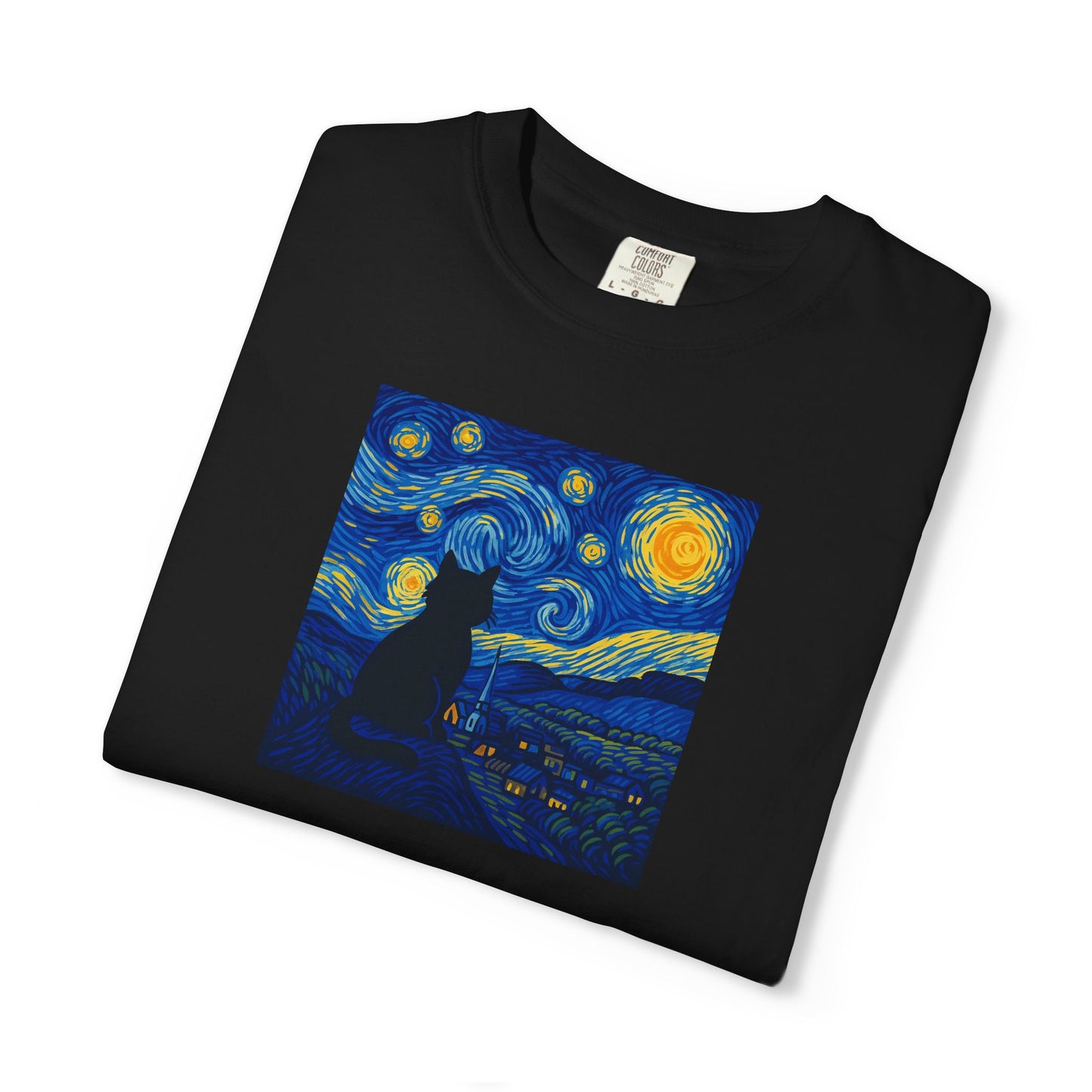 T-Shirt: The Starry Night with Cat - Van Gogh Parody Art Tee - Whimsical Unisex Shirt for Cat Lovers and Art Fans