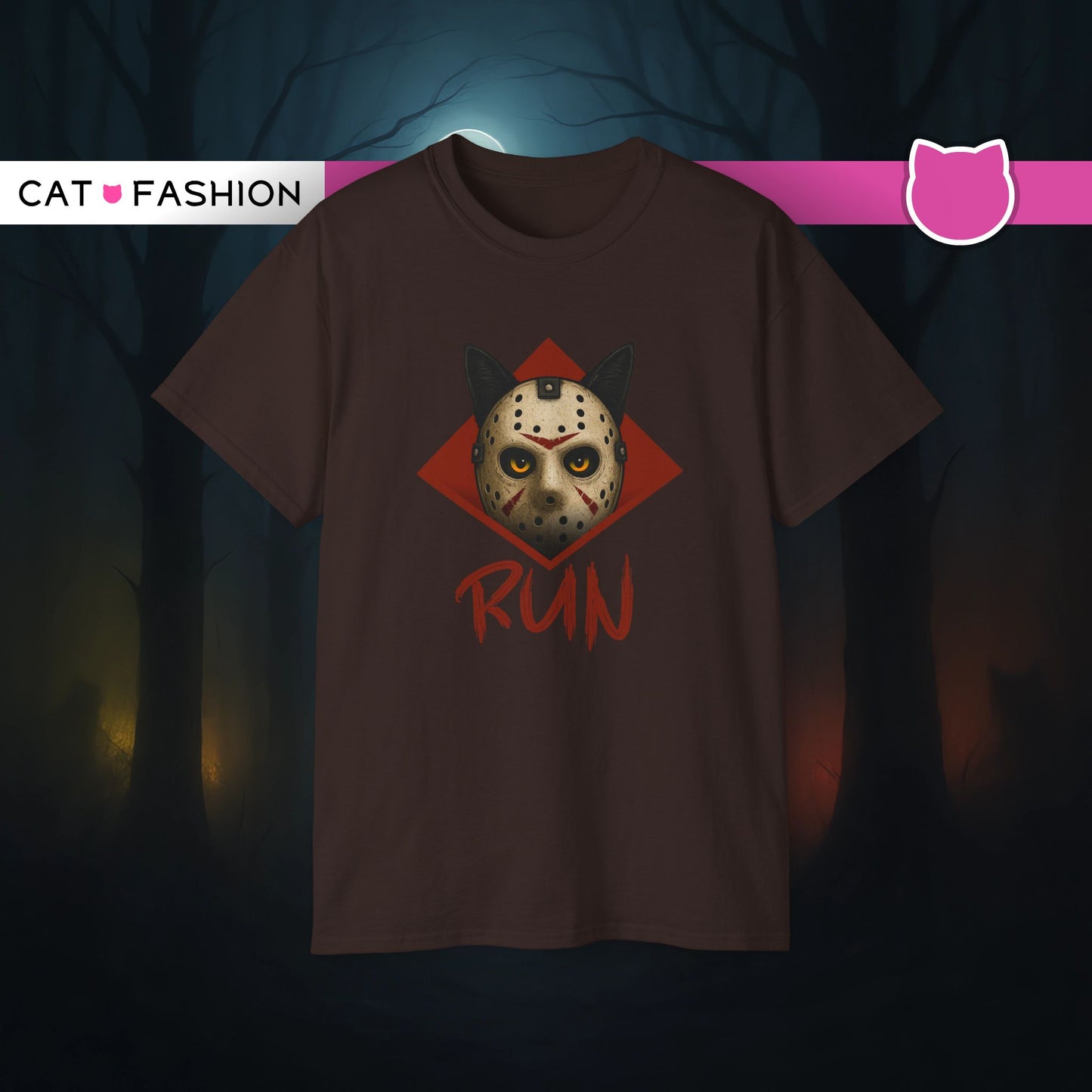 T-Shirt: RUN – Creepy Cat Horror Mask Graphic Tee – Halloween Scary Unisex Shirt for Spooky Season