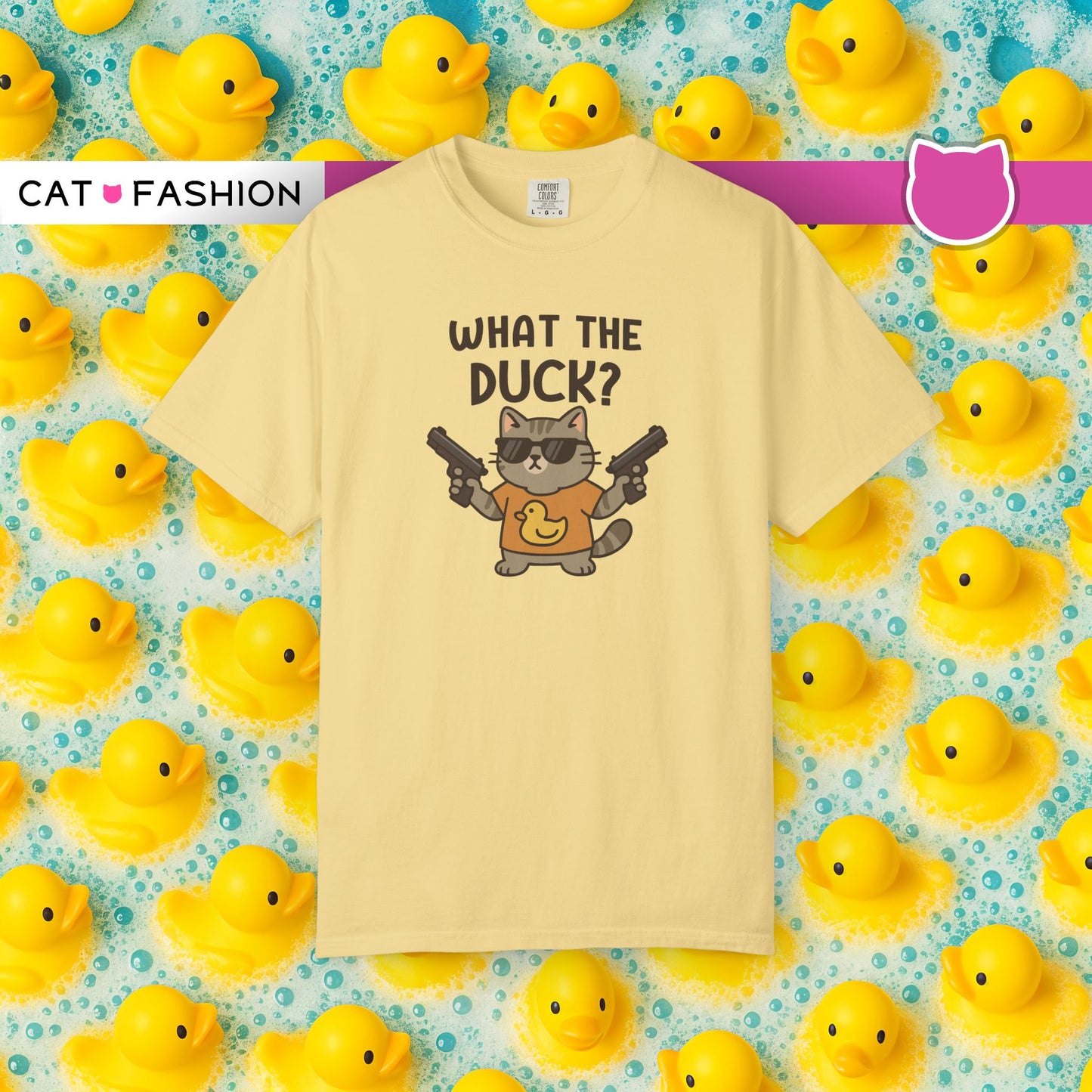 T-Shirt: What The Duck? - Funny Armed Cat Meme Graphic Tee - Humorous Unisex Shirt for Cat Lovers & Internet Humor Fans