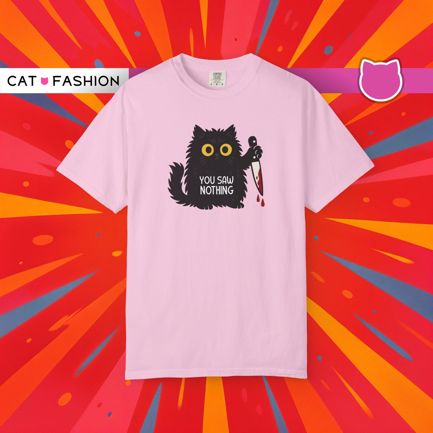T-Shirt: You Saw Nothing - Funny Knife Cat Meme Graphic Tee - Dark Humor Unisex Shirt for Cat Lovers and Suspicious Vibes