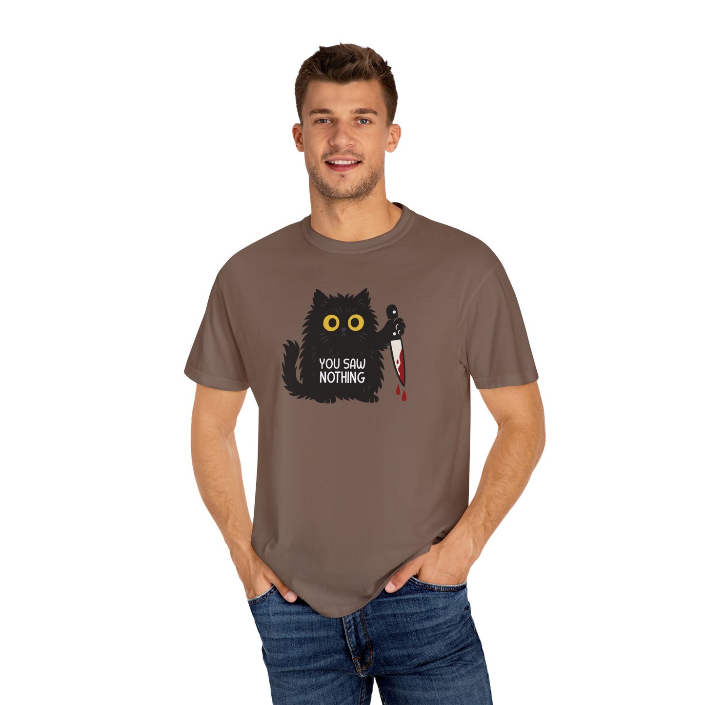 T-Shirt: You Saw Nothing - Funny Knife Cat Meme Graphic Tee - Dark Humor Unisex Shirt for Cat Lovers and Suspicious Vibes