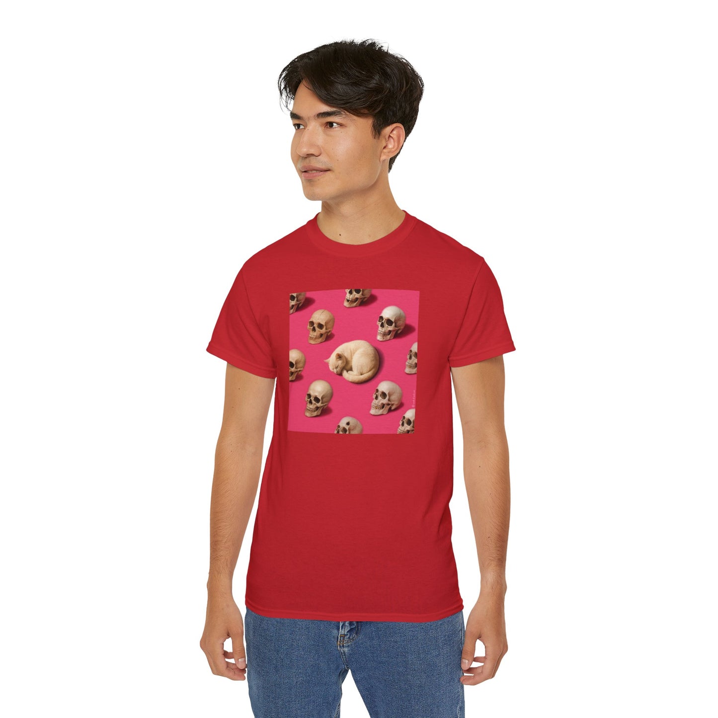 T-Shirt: The Cat and His Former Owners – Dark Humor Cat Graphic Tee – Funny Spooky Skull Unisex Shirt for Gothic Vibes