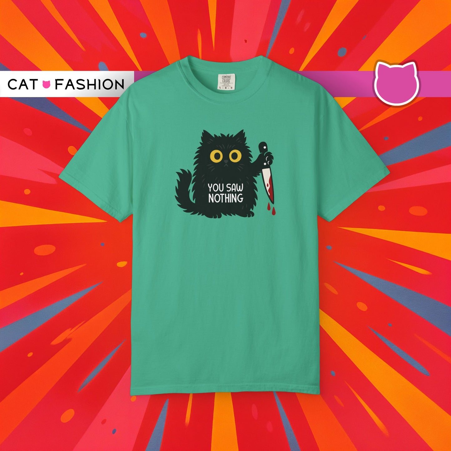 T-Shirt: You Saw Nothing - Funny Knife Cat Meme Graphic Tee - Dark Humor Unisex Shirt for Cat Lovers and Suspicious Vibes