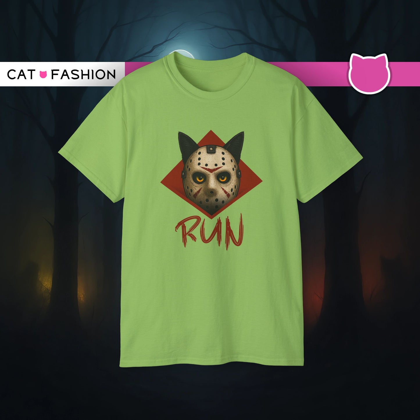T-Shirt: RUN – Creepy Cat Horror Mask Graphic Tee – Halloween Scary Unisex Shirt for Spooky Season