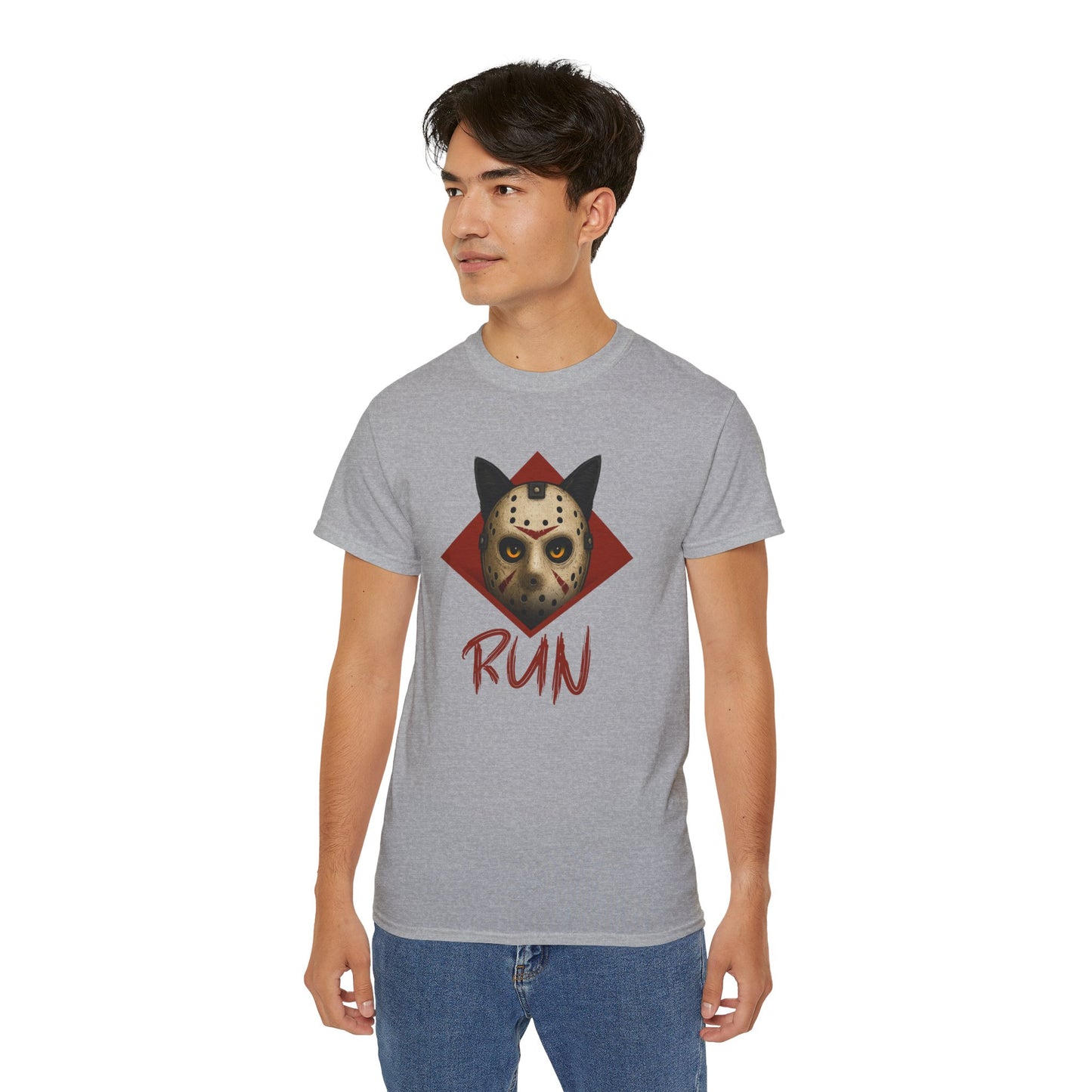 T-Shirt: RUN – Creepy Cat Horror Mask Graphic Tee – Halloween Scary Unisex Shirt for Spooky Season