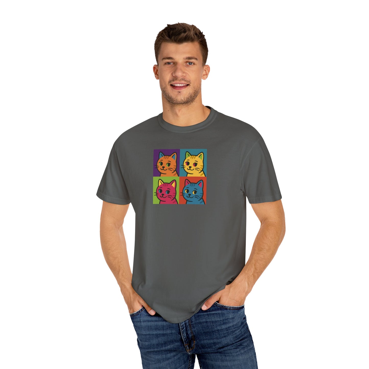 T-Shirt: Pop Art Cats - Colorful Retro Style Kitty Faces Graphic Tee - Funny Unisex Shirt for Cat Lovers and Art Fans