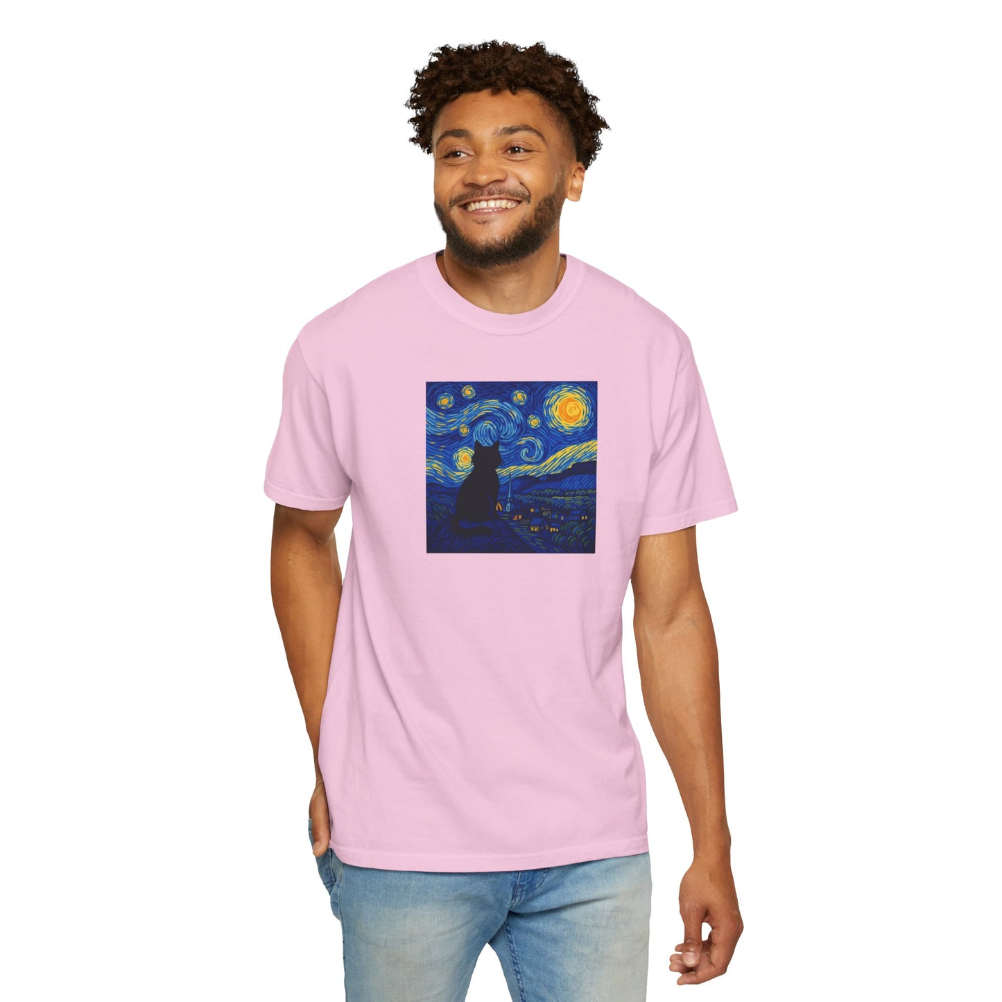 T-Shirt: The Starry Night with Cat - Van Gogh Parody Art Tee - Whimsical Unisex Shirt for Cat Lovers and Art Fans