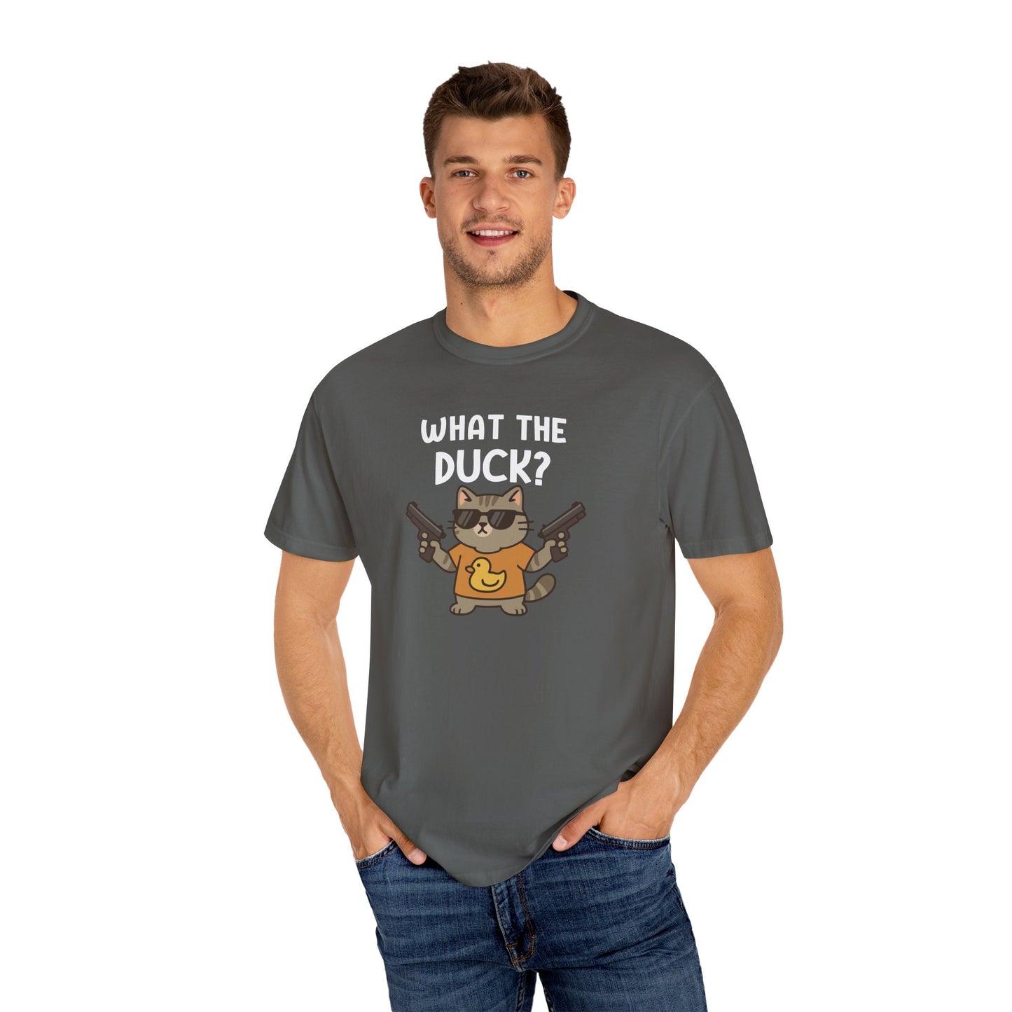T-Shirt: What The Duck? - Funny Armed Cat Meme Graphic Tee - Humorous Unisex Shirt for Cat Lovers & Internet Humor Fans