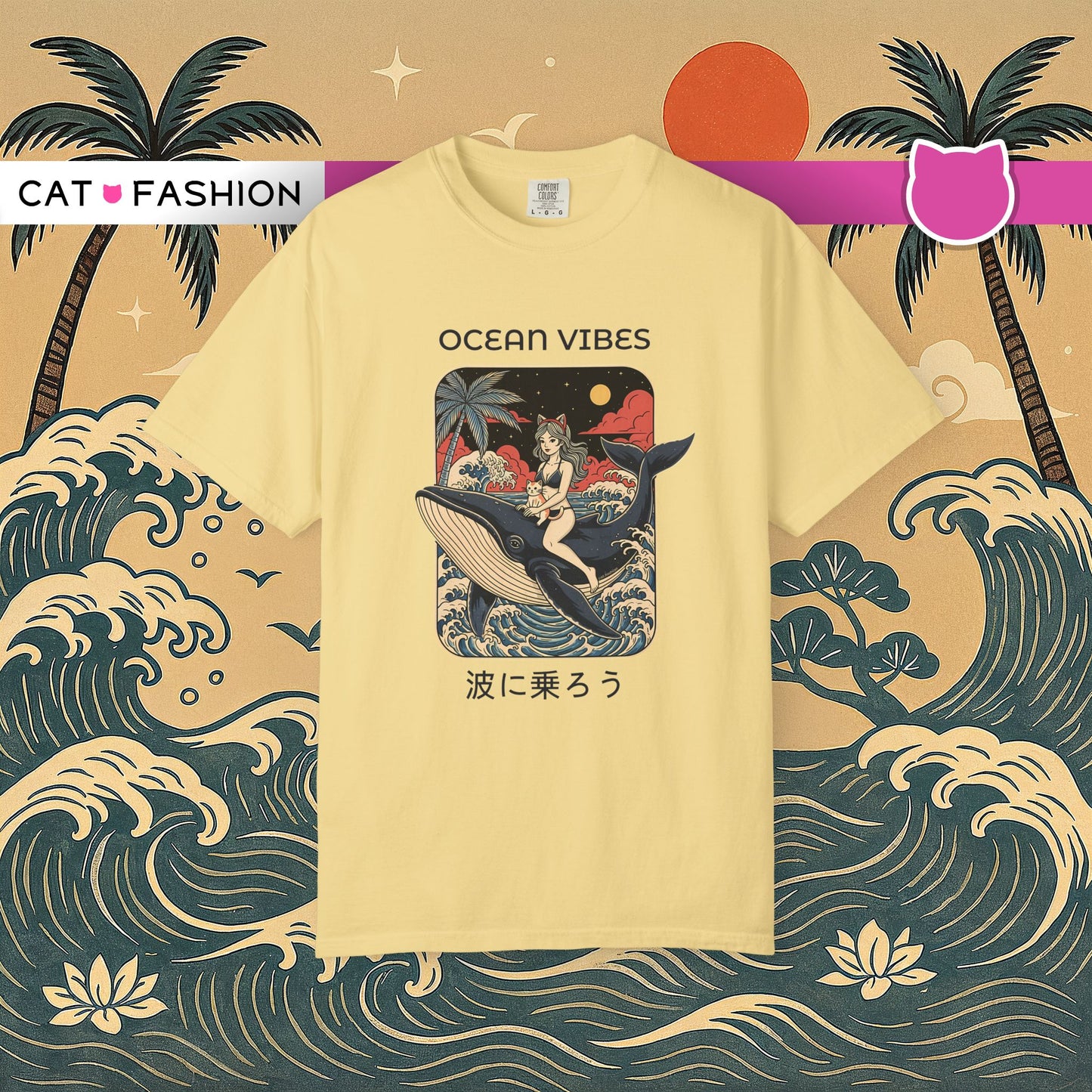 T-Shirt: Ocean Vibes – Anime Whale Rider Tee – Retro Japanese Style Shirt – Cat Girl Graphic Unisex Top for Surfers & Dreamers