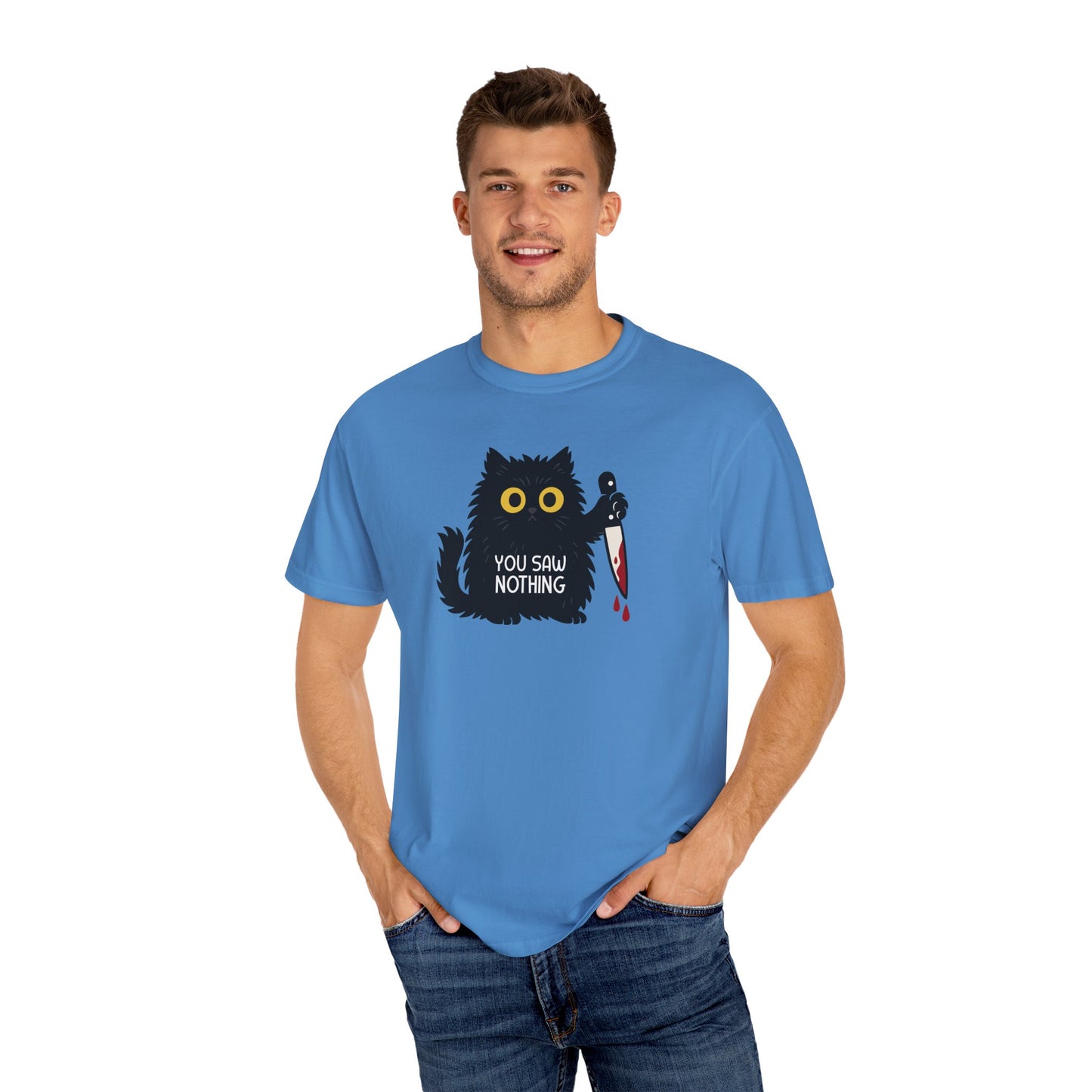 T-Shirt: You Saw Nothing - Funny Knife Cat Meme Graphic Tee - Dark Humor Unisex Shirt for Cat Lovers and Suspicious Vibes