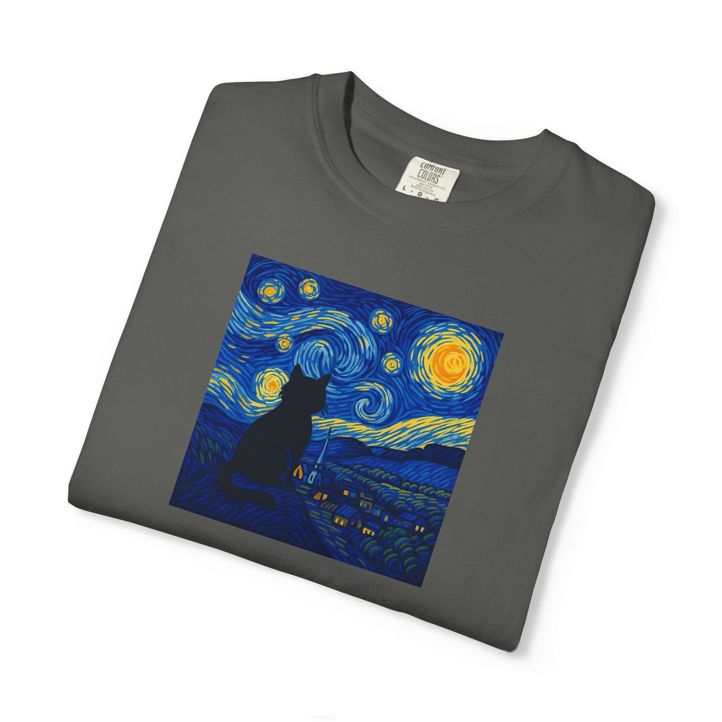 T-Shirt: The Starry Night with Cat - Van Gogh Parody Art Tee - Whimsical Unisex Shirt for Cat Lovers and Art Fans