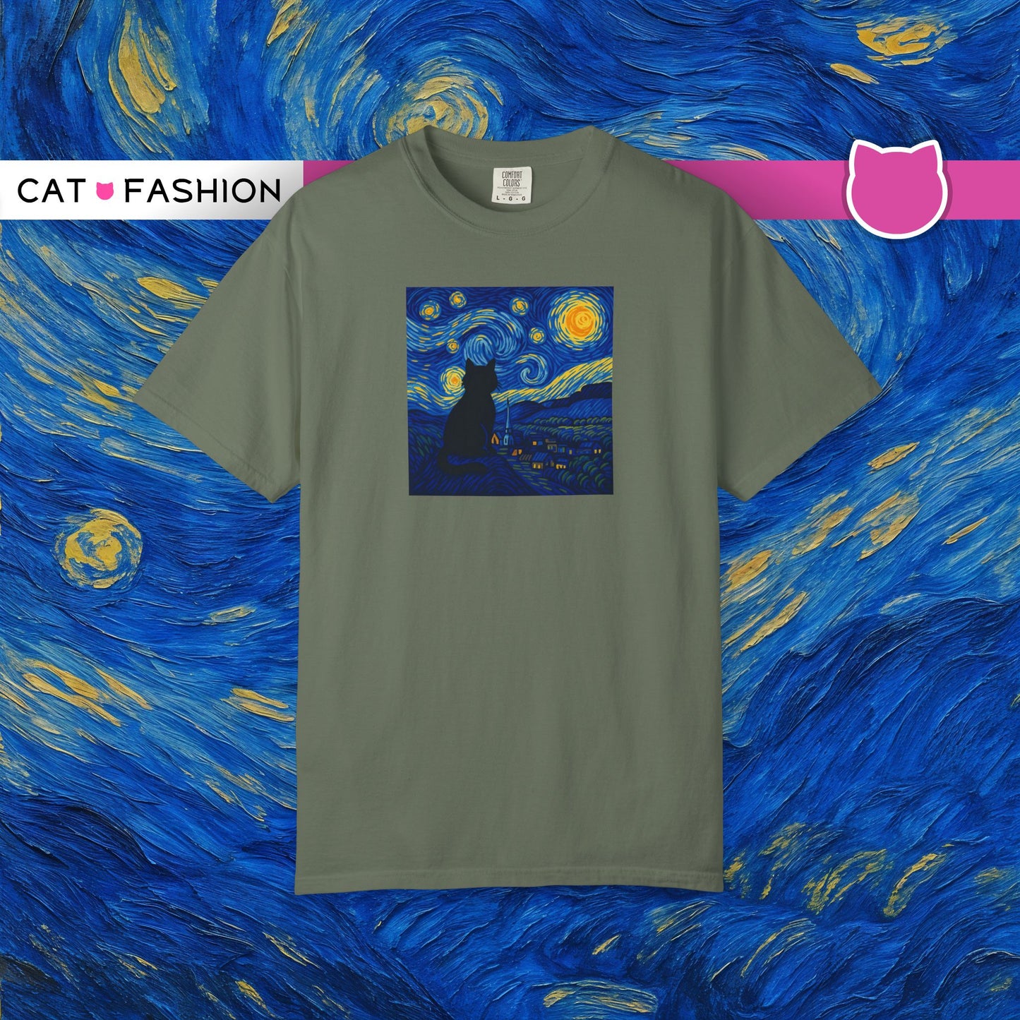 T-Shirt: The Starry Night with Cat - Van Gogh Parody Art Tee - Whimsical Unisex Shirt for Cat Lovers and Art Fans