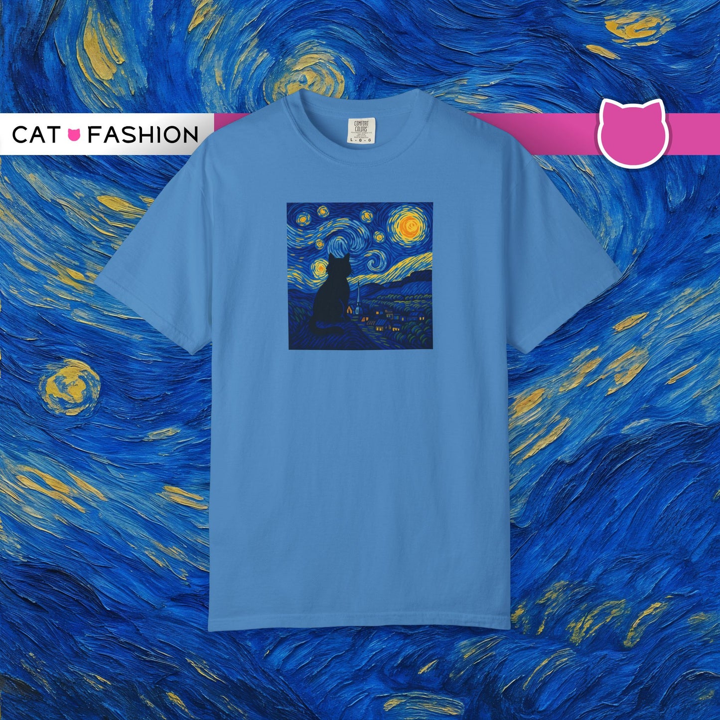 T-Shirt: The Starry Night with Cat - Van Gogh Parody Art Tee - Whimsical Unisex Shirt for Cat Lovers and Art Fans