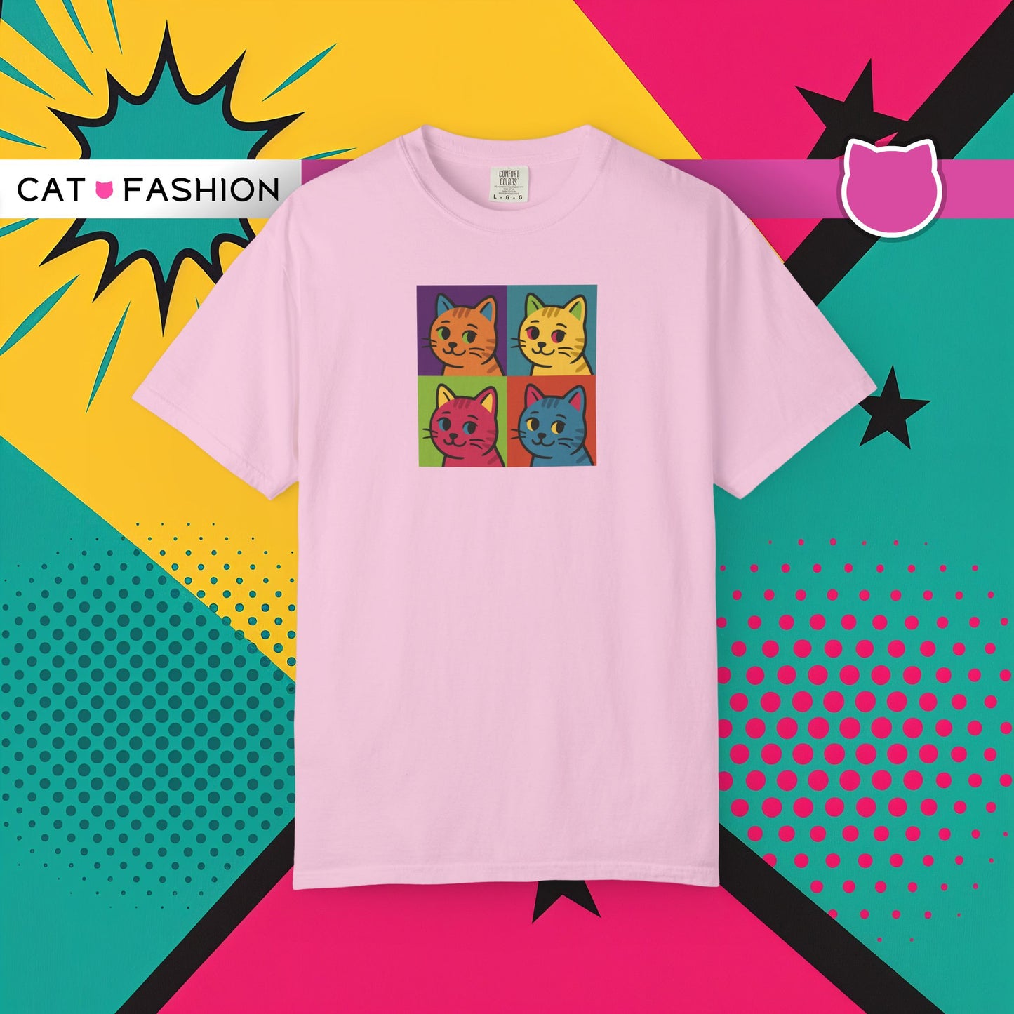 T-Shirt: Pop Art Cats - Colorful Retro Style Kitty Faces Graphic Tee - Funny Unisex Shirt for Cat Lovers and Art Fans