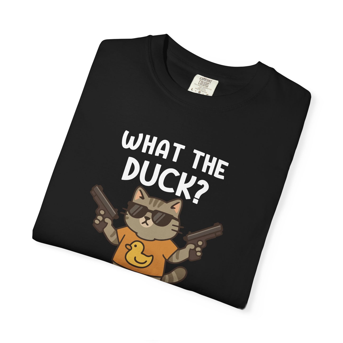 T-Shirt: What The Duck? - Funny Armed Cat Meme Graphic Tee - Humorous Unisex Shirt for Cat Lovers & Internet Humor Fans
