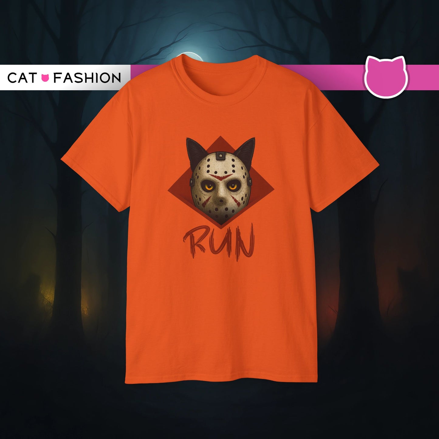 T-Shirt: RUN – Creepy Cat Horror Mask Graphic Tee – Halloween Scary Unisex Shirt for Spooky Season