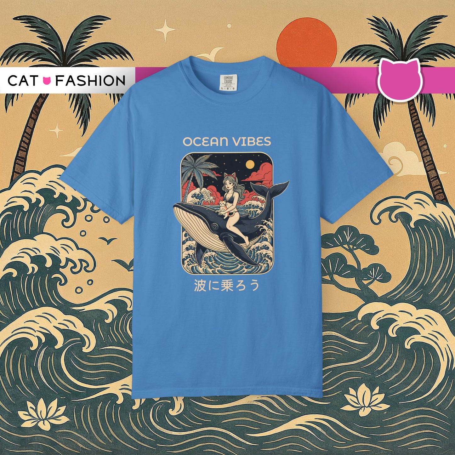 T-Shirt: Ocean Vibes – Anime Whale Rider Tee – Retro Japanese Style Shirt – Cat Girl Graphic Unisex Top for Surfers & Dreamers