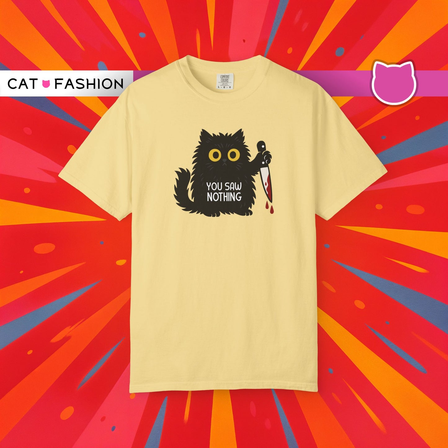 T-Shirt: You Saw Nothing - Funny Knife Cat Meme Graphic Tee - Dark Humor Unisex Shirt for Cat Lovers and Suspicious Vibes