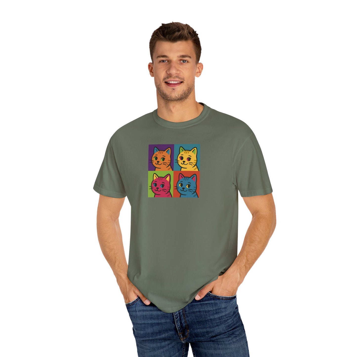 T-Shirt: Pop Art Cats - Colorful Retro Style Kitty Faces Graphic Tee - Funny Unisex Shirt for Cat Lovers and Art Fans