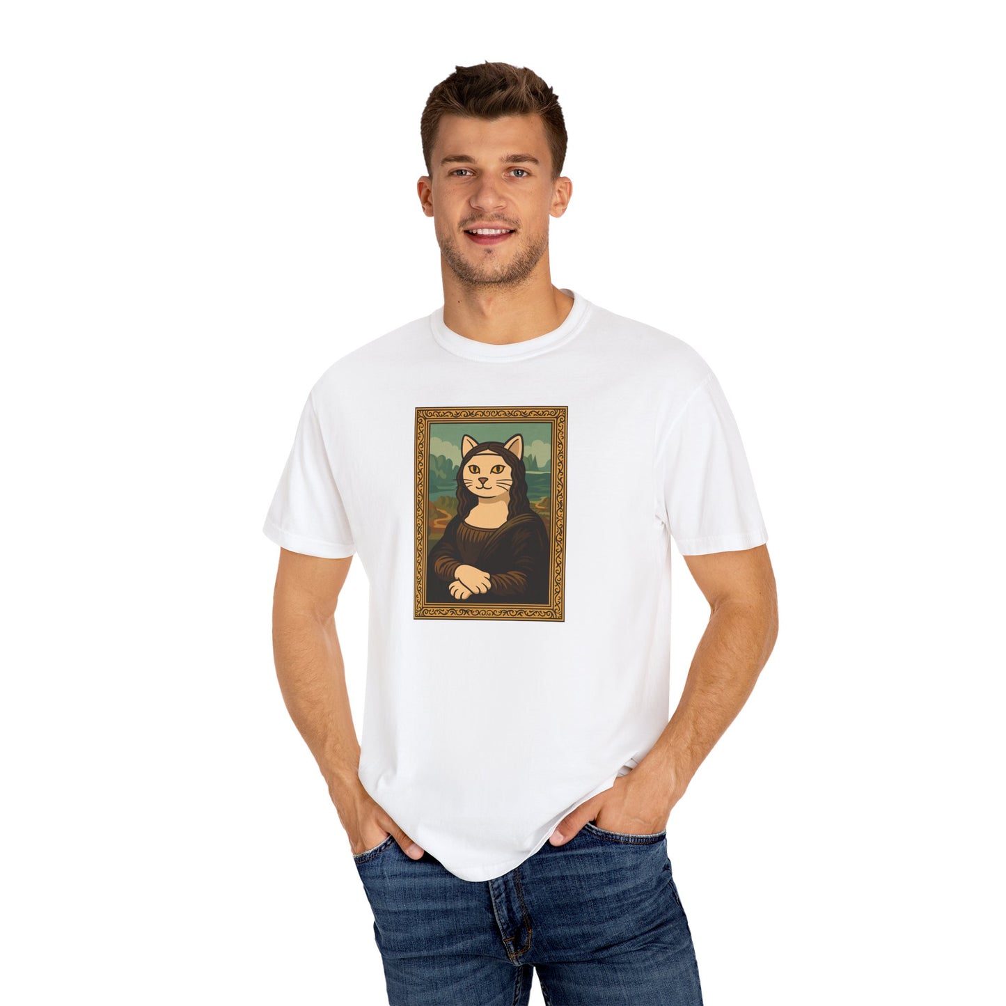 T-Shirt: Meow Mona Lisa - Cat Art Parody Graphic Tee - Leonardo da Vinci-Inspired Unisex Shirt for Cat Lovers and Art Fans