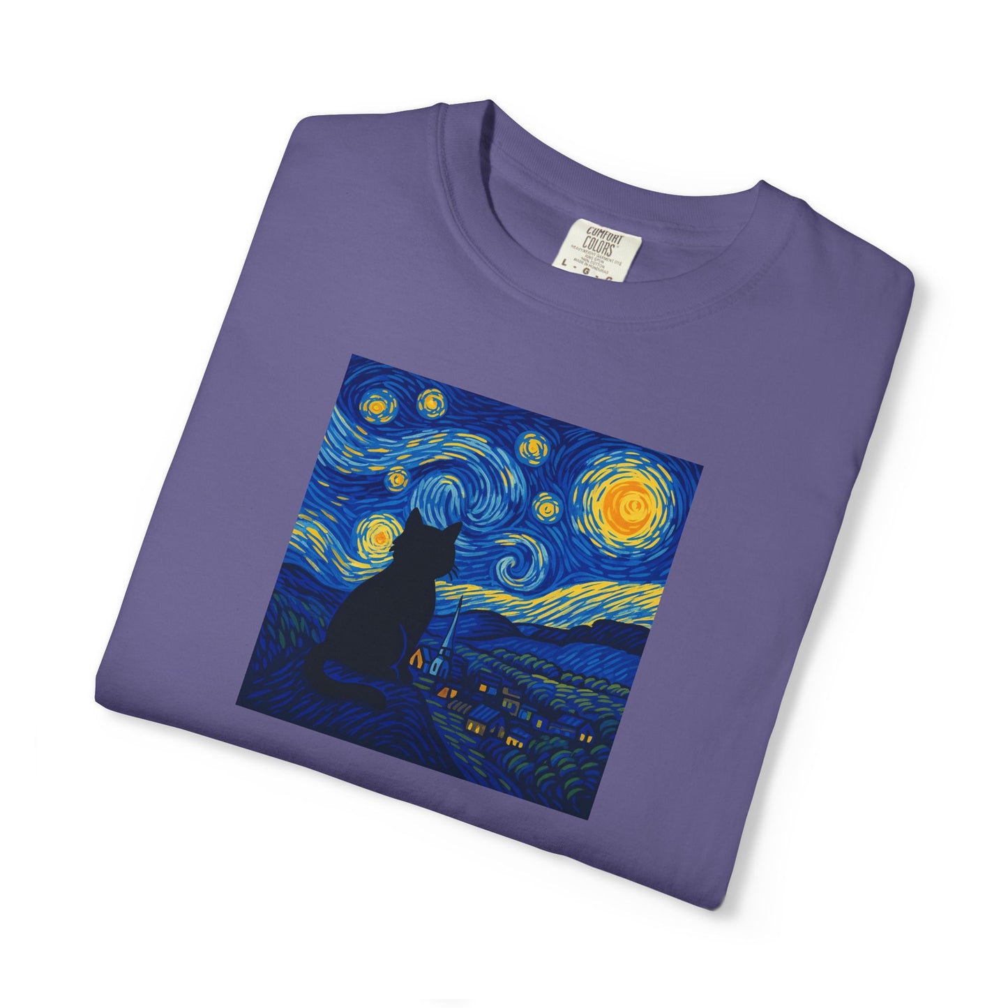 T-Shirt: The Starry Night with Cat - Van Gogh Parody Art Tee - Whimsical Unisex Shirt for Cat Lovers and Art Fans