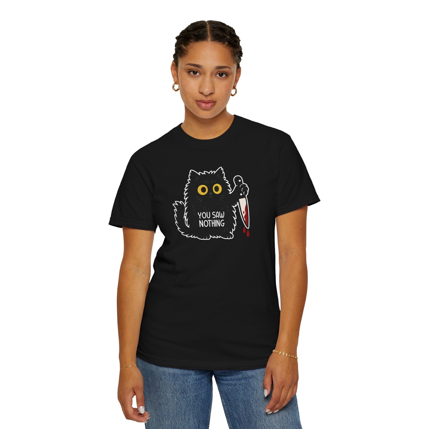 T-Shirt: You Saw Nothing - Funny Knife Cat Meme Graphic Tee - Dark Humor Unisex Shirt for Cat Lovers and Suspicious Vibes