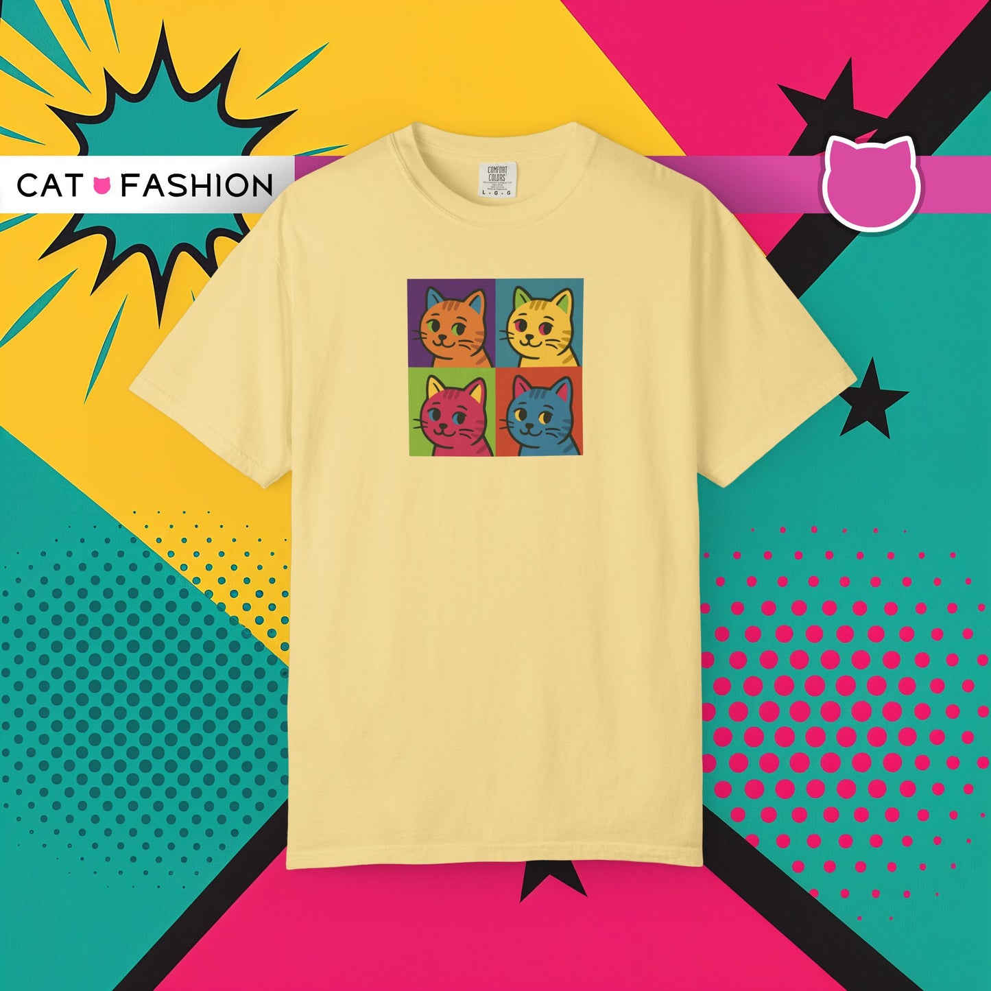 T-Shirt: Pop Art Cats - Colorful Retro Style Kitty Faces Graphic Tee - Funny Unisex Shirt for Cat Lovers and Art Fans