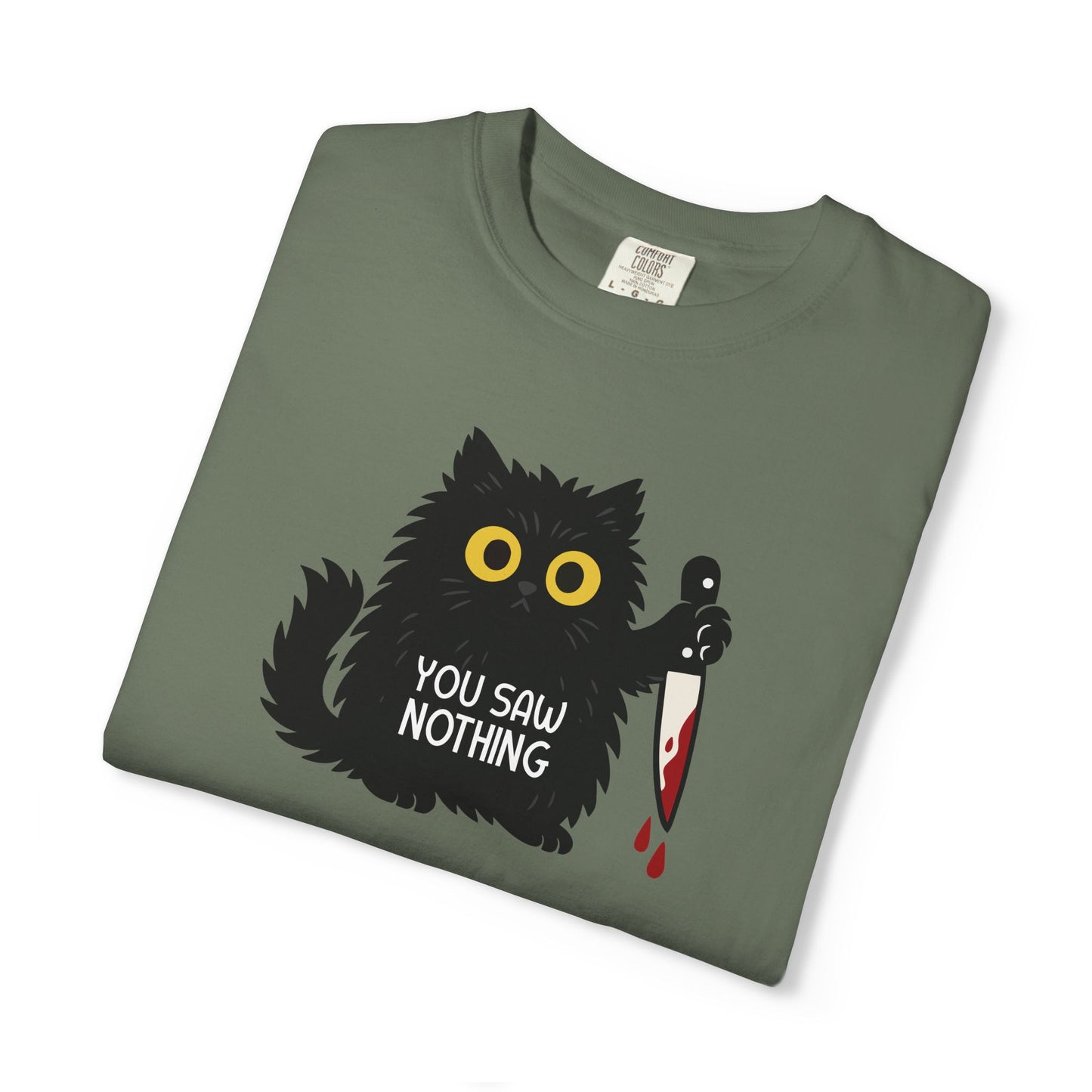 T-Shirt: You Saw Nothing - Funny Knife Cat Meme Graphic Tee - Dark Humor Unisex Shirt for Cat Lovers and Suspicious Vibes