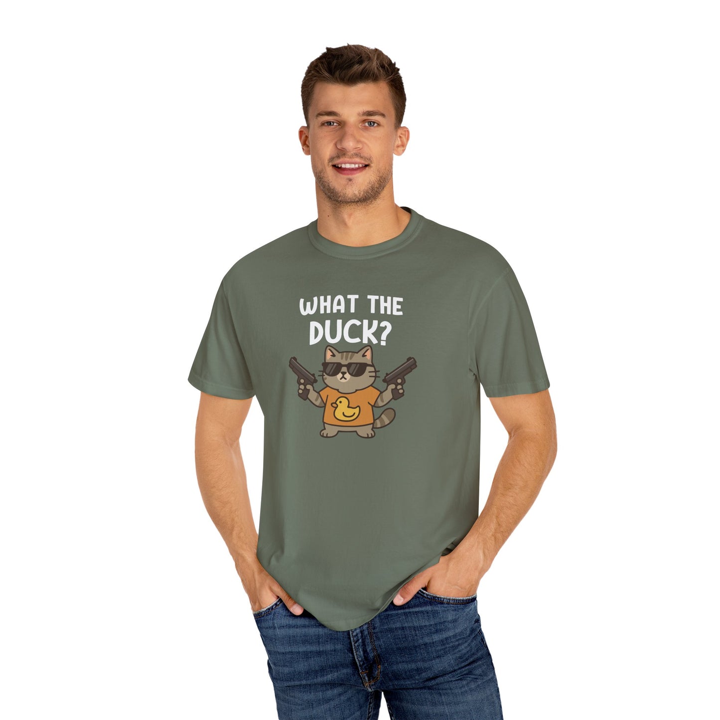 T-Shirt: What The Duck? - Funny Armed Cat Meme Graphic Tee - Humorous Unisex Shirt for Cat Lovers & Internet Humor Fans