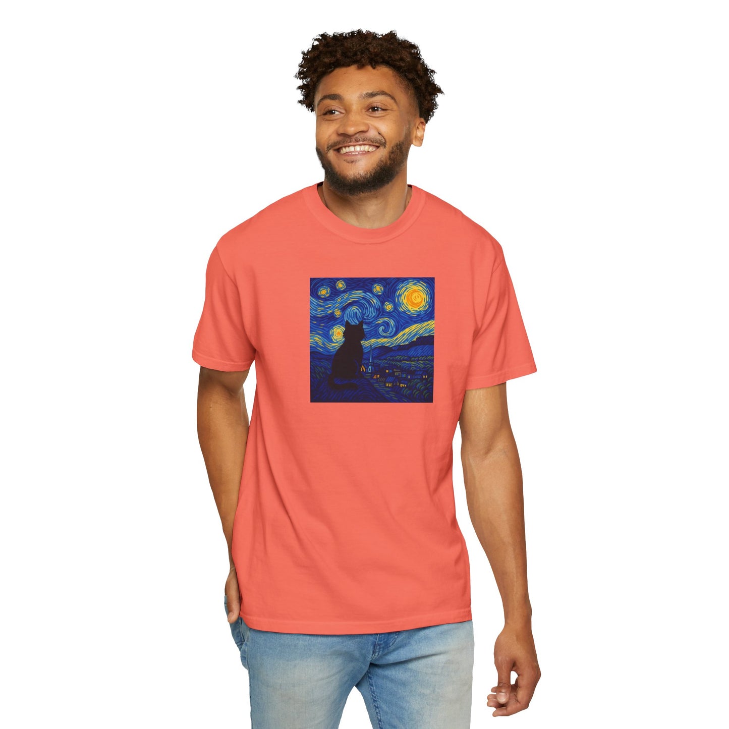 T-Shirt: The Starry Night with Cat - Van Gogh Parody Art Tee - Whimsical Unisex Shirt for Cat Lovers and Art Fans