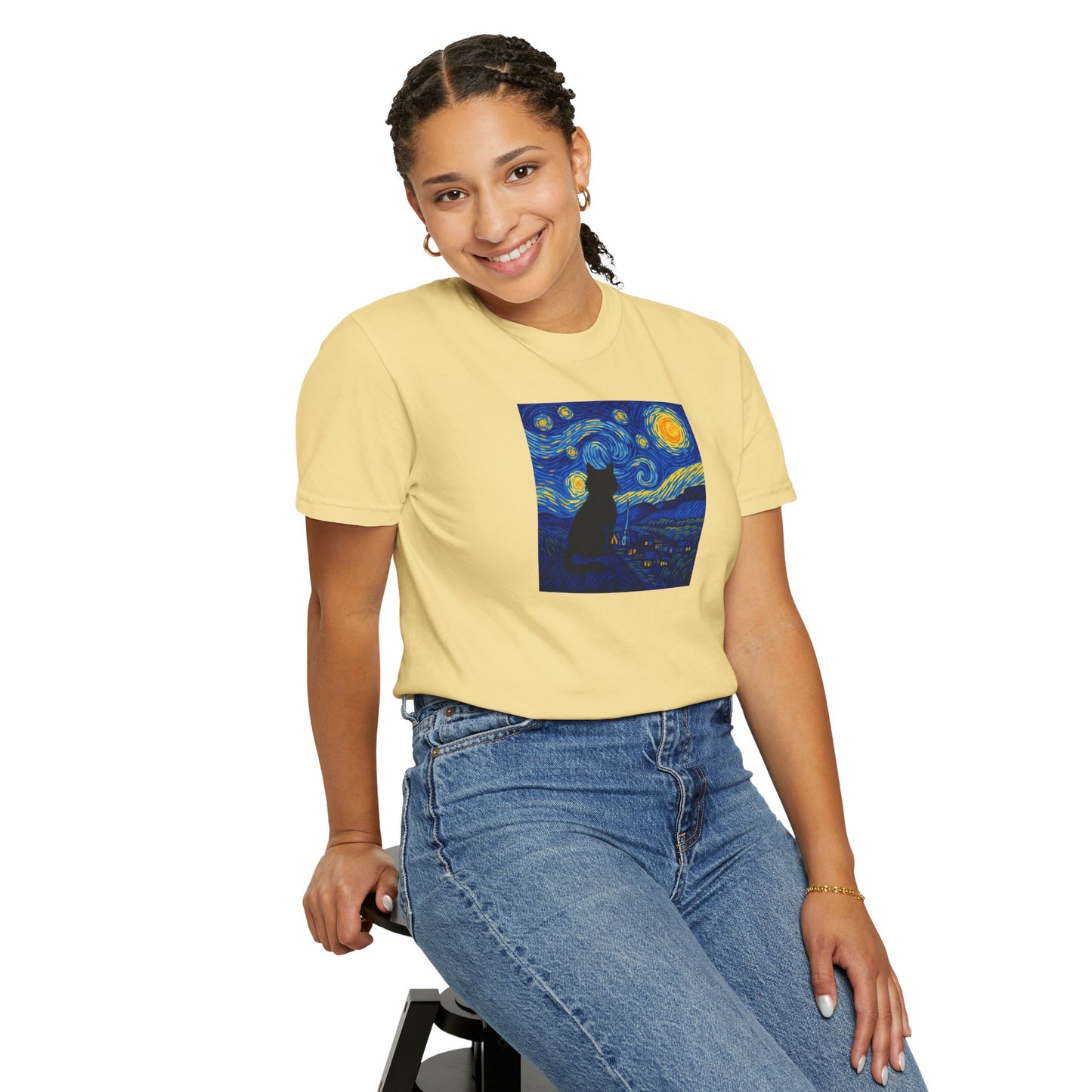 T-Shirt: The Starry Night with Cat - Van Gogh Parody Art Tee - Whimsical Unisex Shirt for Cat Lovers and Art Fans