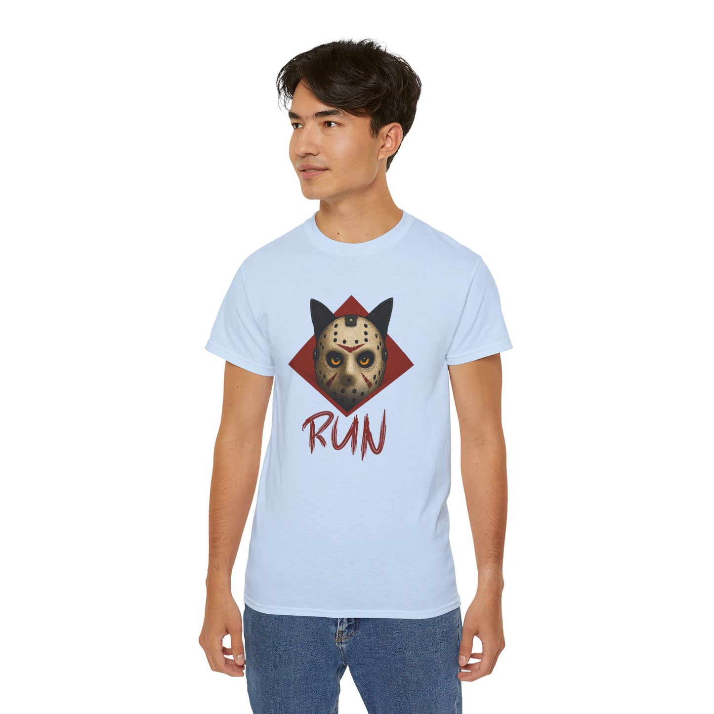 T-Shirt: RUN – Creepy Cat Horror Mask Graphic Tee – Halloween Scary Unisex Shirt for Spooky Season