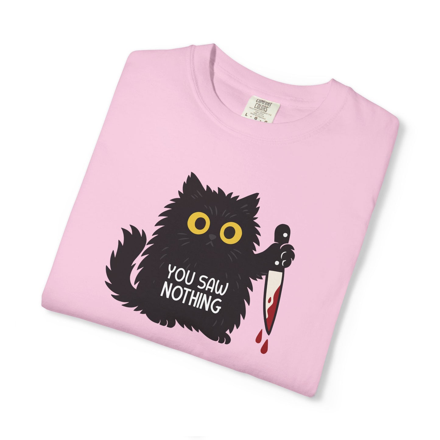 T-Shirt: You Saw Nothing - Funny Knife Cat Meme Graphic Tee - Dark Humor Unisex Shirt for Cat Lovers and Suspicious Vibes