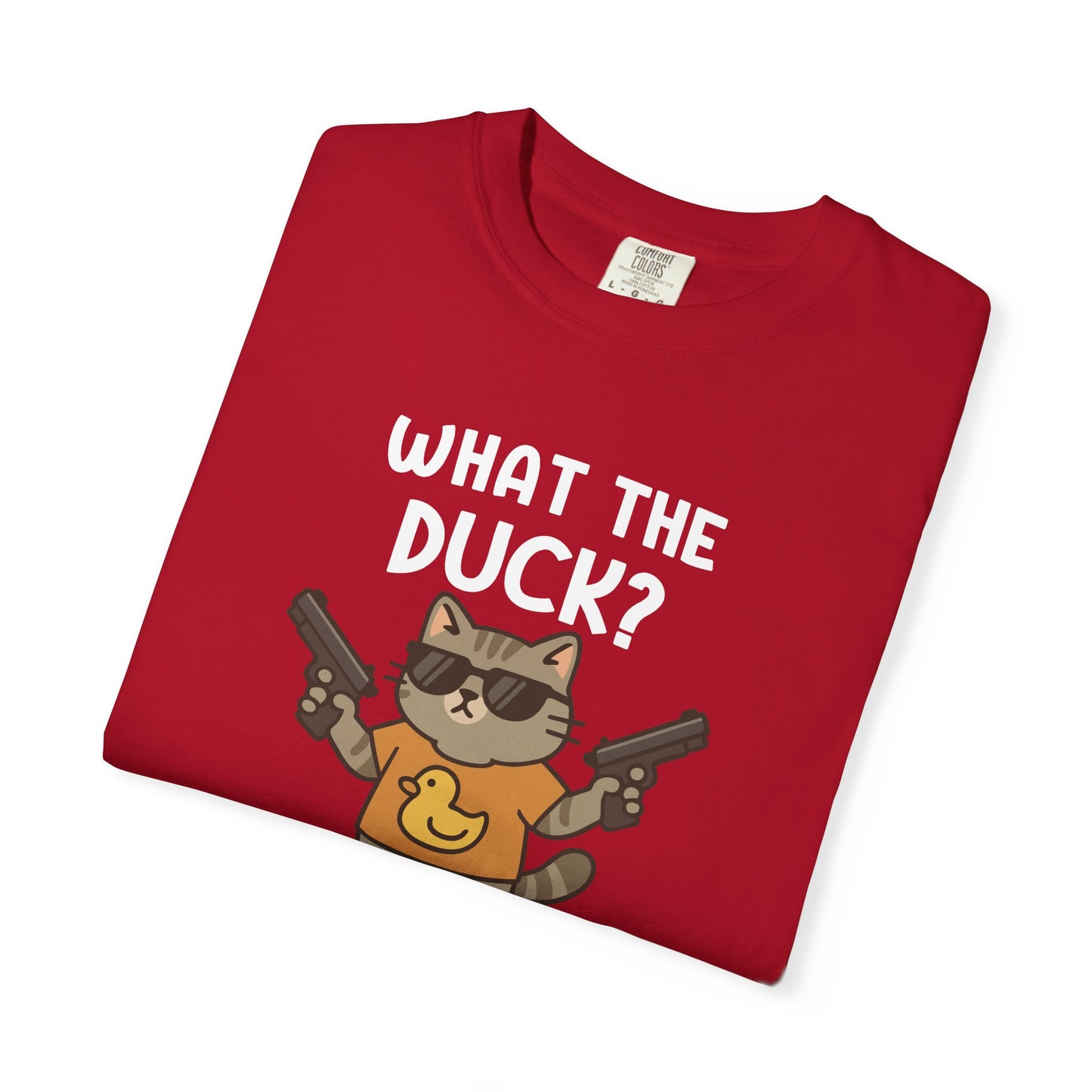 T-Shirt: What The Duck? - Funny Armed Cat Meme Graphic Tee - Humorous Unisex Shirt for Cat Lovers & Internet Humor Fans