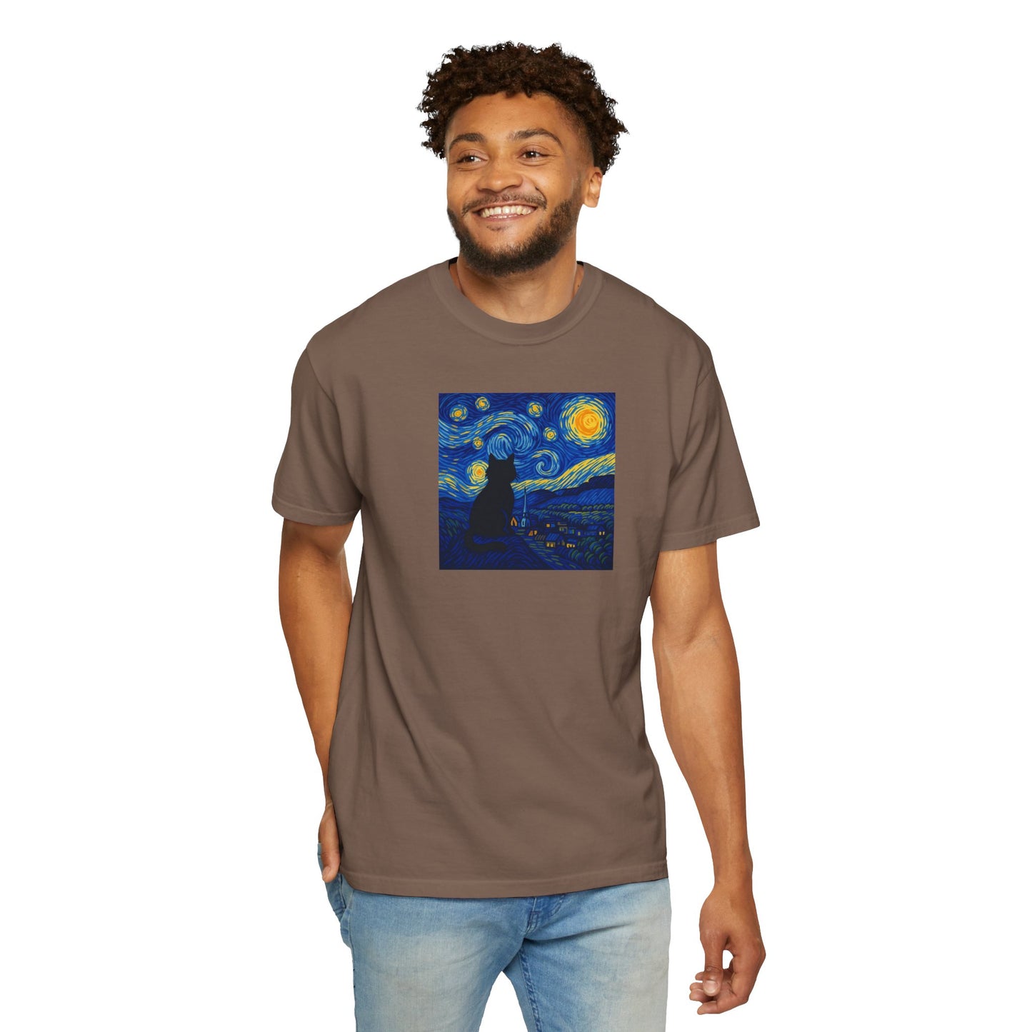 T-Shirt: The Starry Night with Cat - Van Gogh Parody Art Tee - Whimsical Unisex Shirt for Cat Lovers and Art Fans