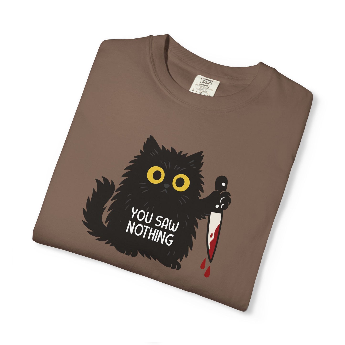 T-Shirt: You Saw Nothing - Funny Knife Cat Meme Graphic Tee - Dark Humor Unisex Shirt for Cat Lovers and Suspicious Vibes