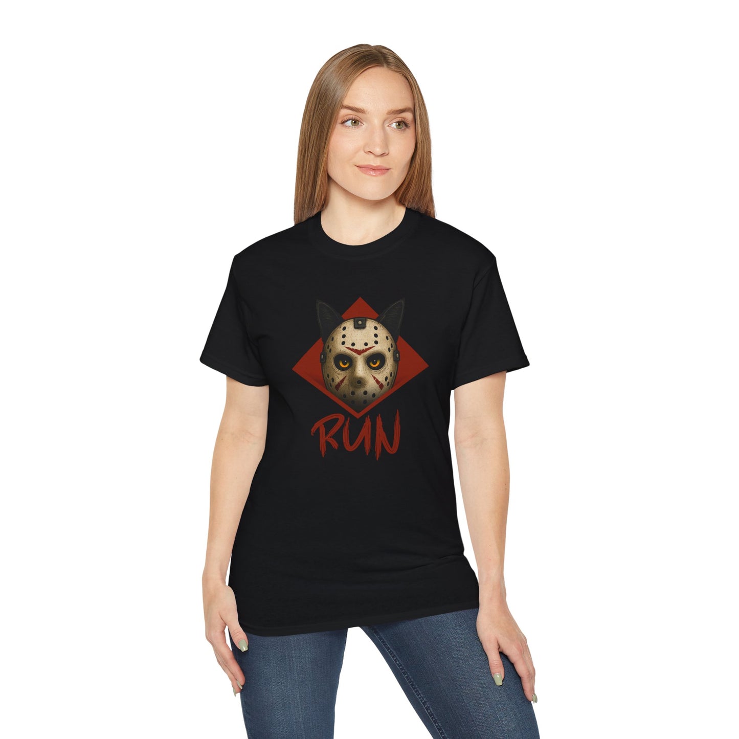 T-Shirt: RUN – Creepy Cat Horror Mask Graphic Tee – Halloween Scary Unisex Shirt for Spooky Season