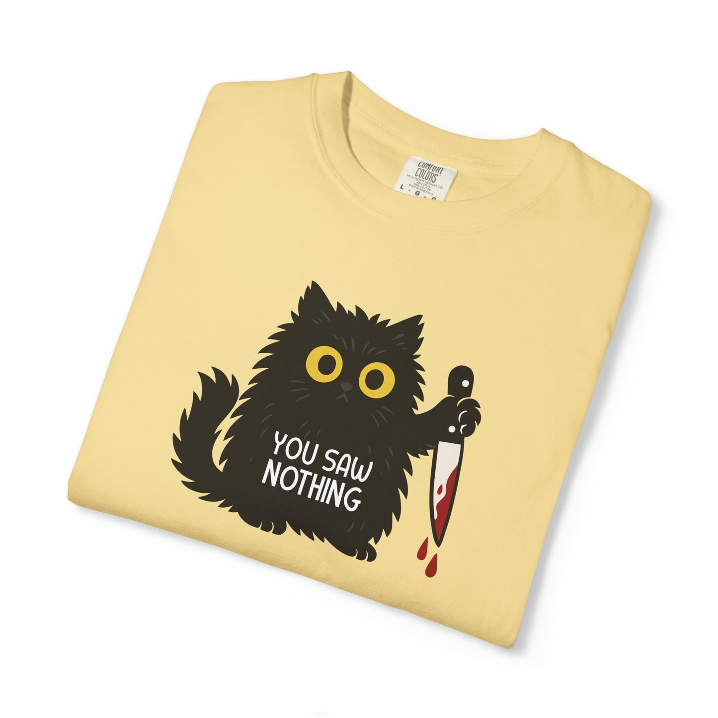 T-Shirt: You Saw Nothing - Funny Knife Cat Meme Graphic Tee - Dark Humor Unisex Shirt for Cat Lovers and Suspicious Vibes