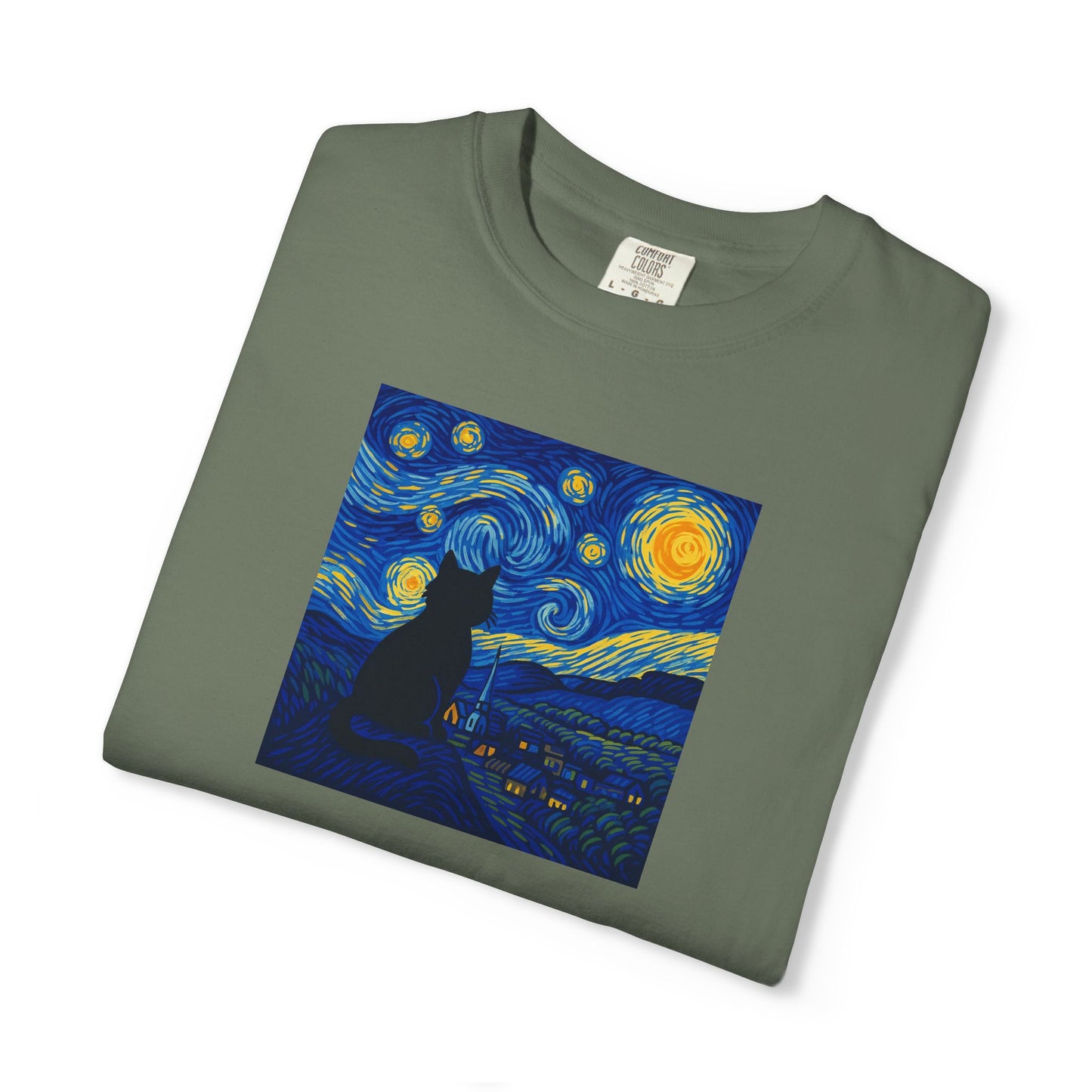 T-Shirt: The Starry Night with Cat - Van Gogh Parody Art Tee - Whimsical Unisex Shirt for Cat Lovers and Art Fans