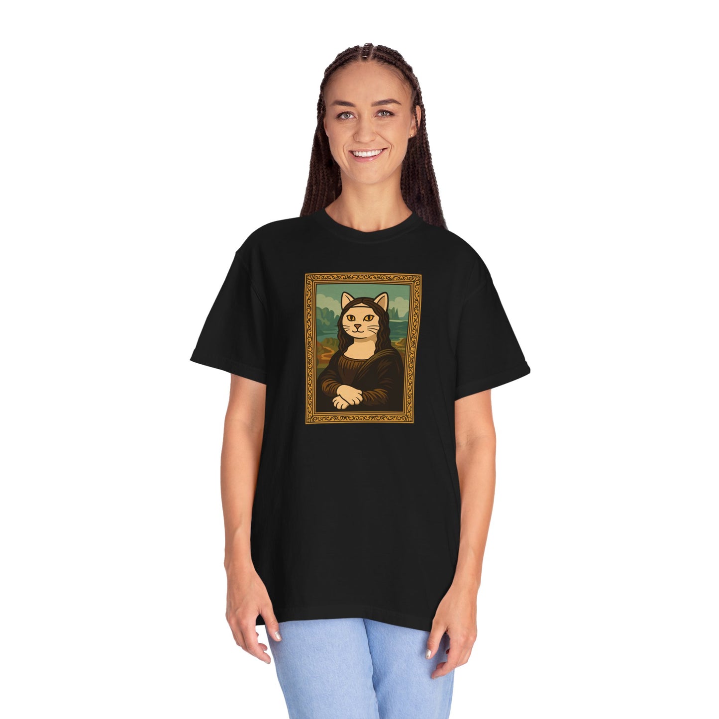 T-Shirt: Meow Mona Lisa - Cat Art Parody Graphic Tee - Leonardo da Vinci-Inspired Unisex Shirt for Cat Lovers and Art Fans
