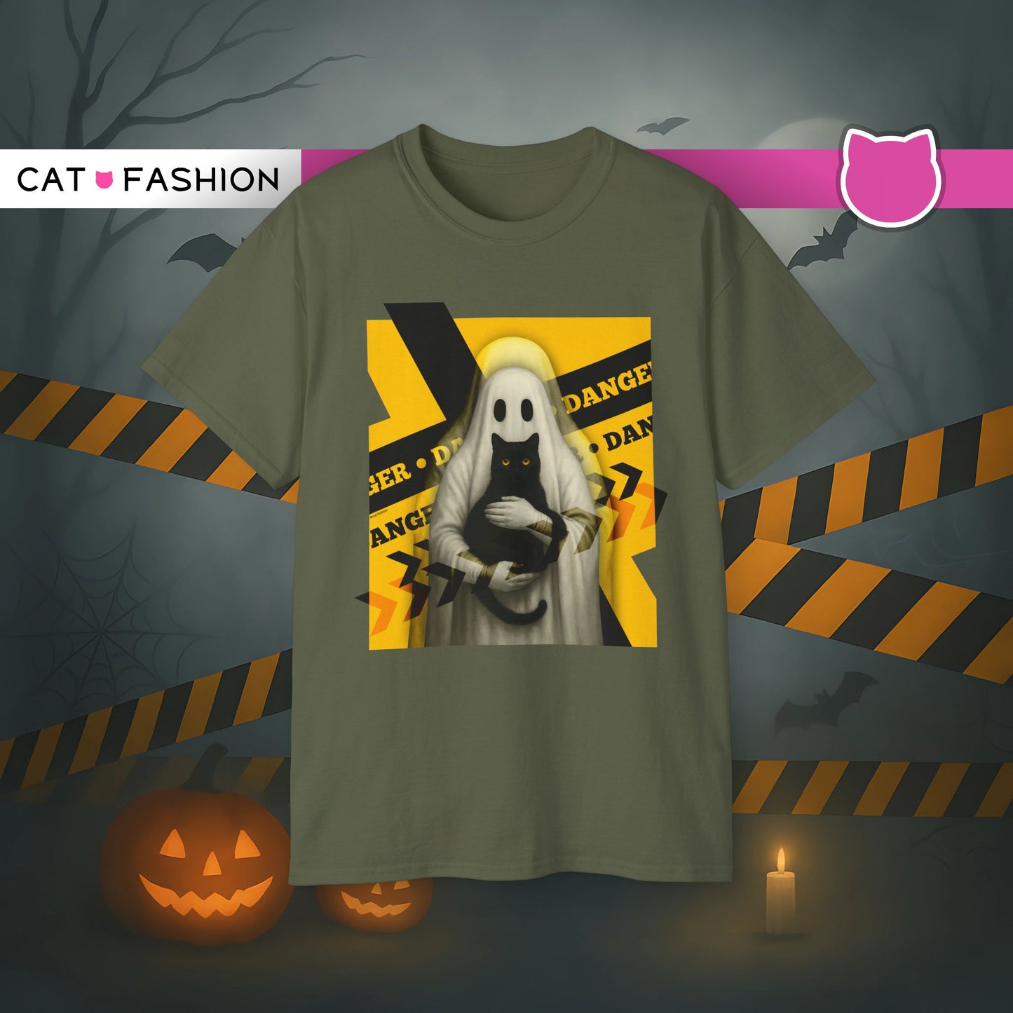 T-Shirt: Danger Cat and Ghost – Spooky Halloween Graphic Tee – Funny Unisex Shirt for Horror Fans