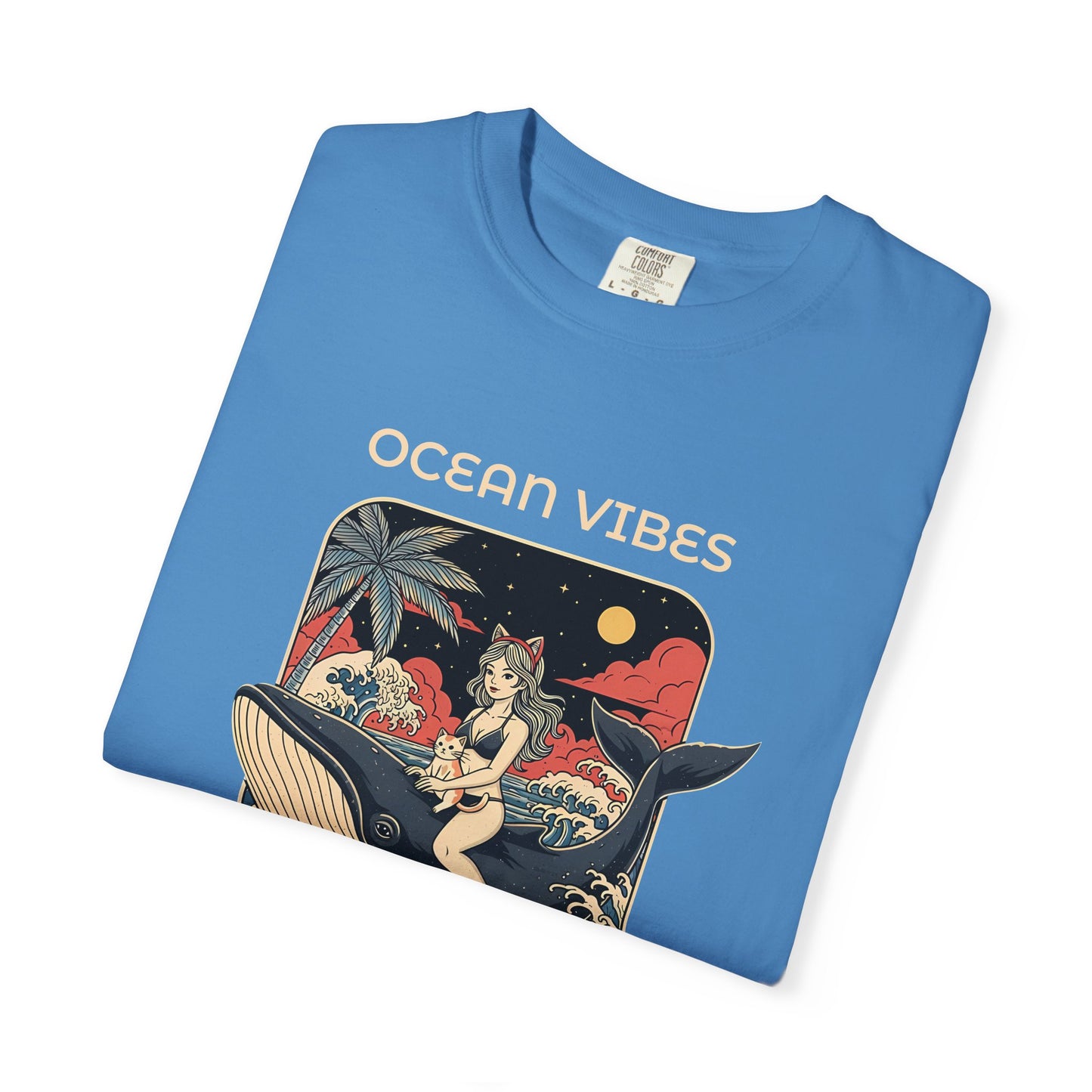 T-Shirt: Ocean Vibes – Anime Whale Rider Tee – Retro Japanese Style Shirt – Cat Girl Graphic Unisex Top for Surfers & Dreamers